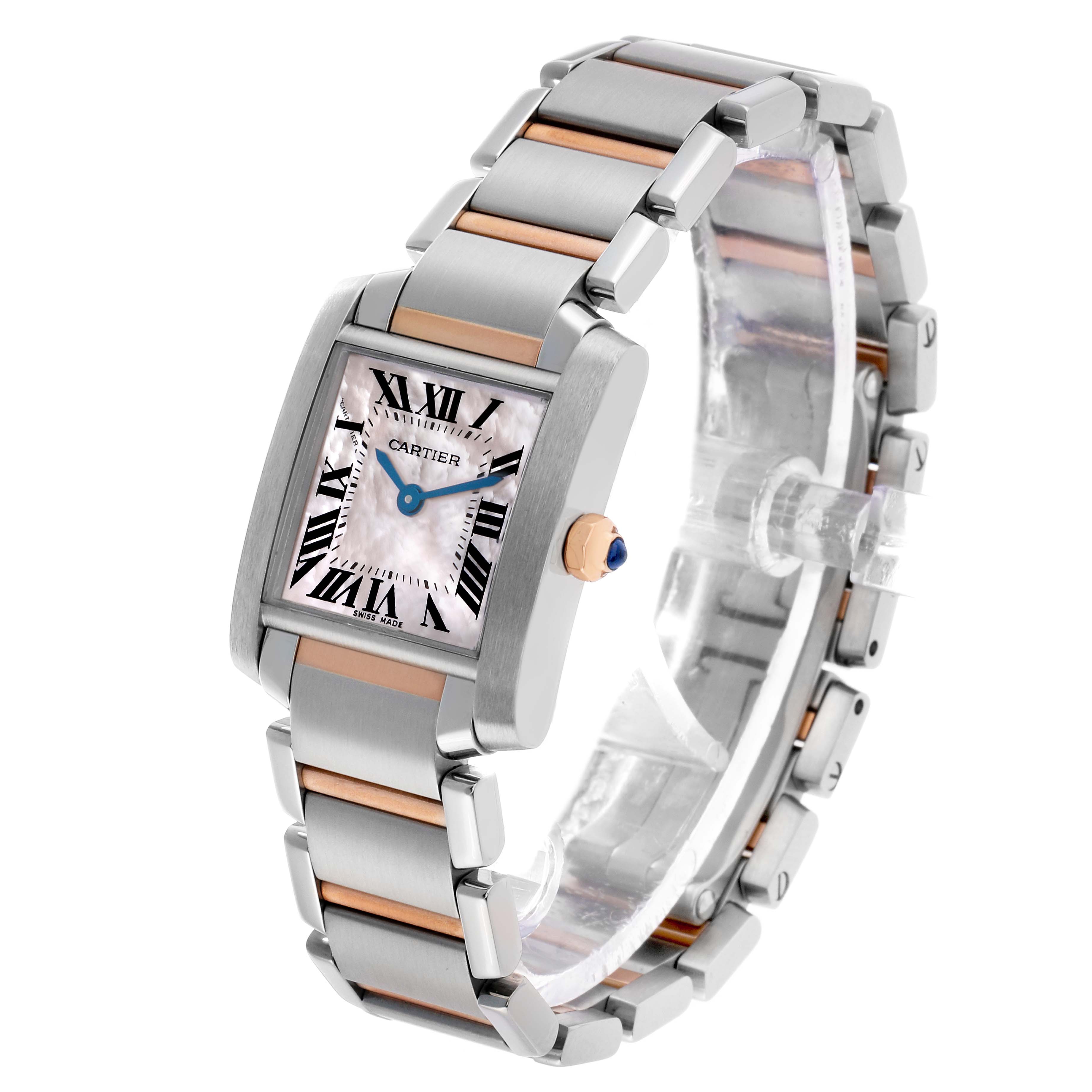 The Cartier Tank Française watch is shown at an angled view, highlighting the dial, crown, and two-tone bracelet.