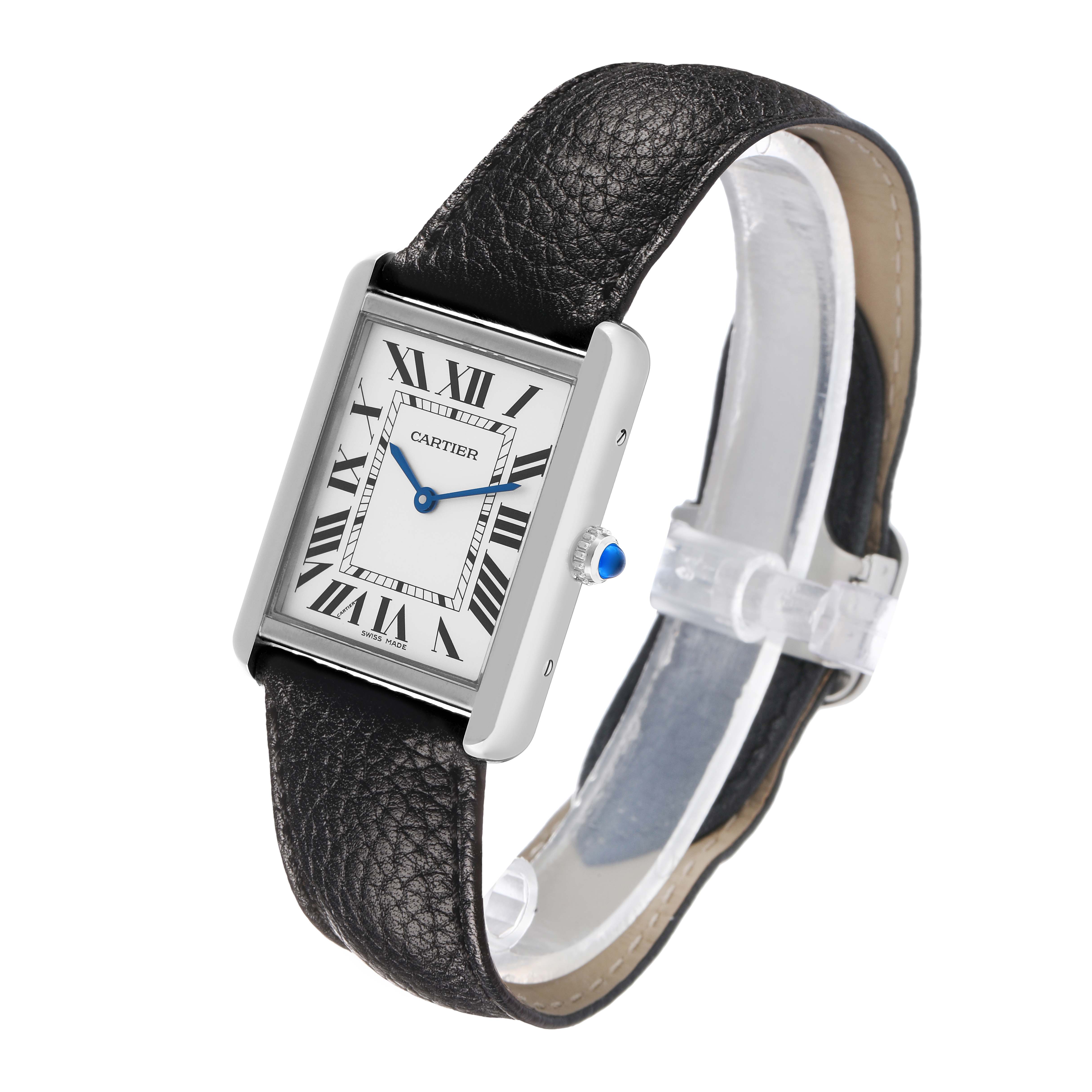 The Cartier Tank Solo WSTA0028 Men's Stainless Steel Silver Dial watch is shown from a three-quarter angle, highlighting its face, crown, and leather strap.
