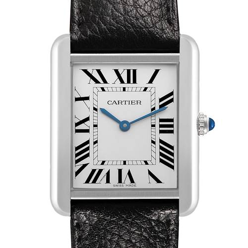 The Cartier Tank Solo WSTA0028 Men's Stainless Steel Silver Dial watch is shown from the front, displaying its rectangular face, Roman numerals, black leather strap, and side crown.