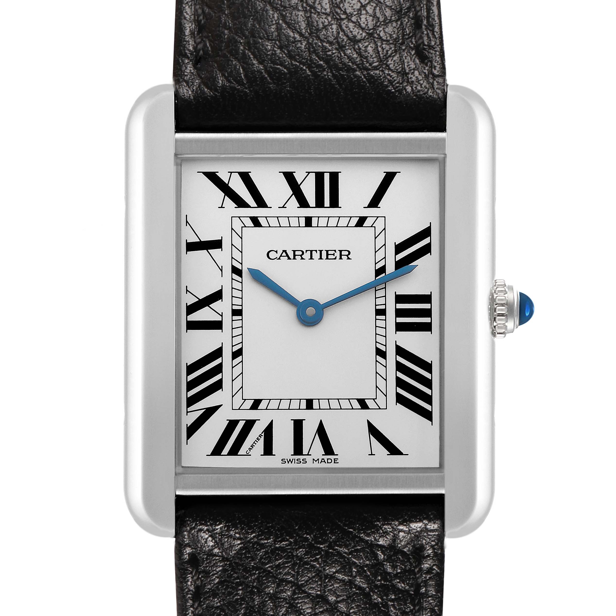 The Cartier Tank Solo WSTA0028 Men's Stainless Steel Silver Dial watch is shown front-facing, displaying its rectangular face, leather strap, and blue hands.