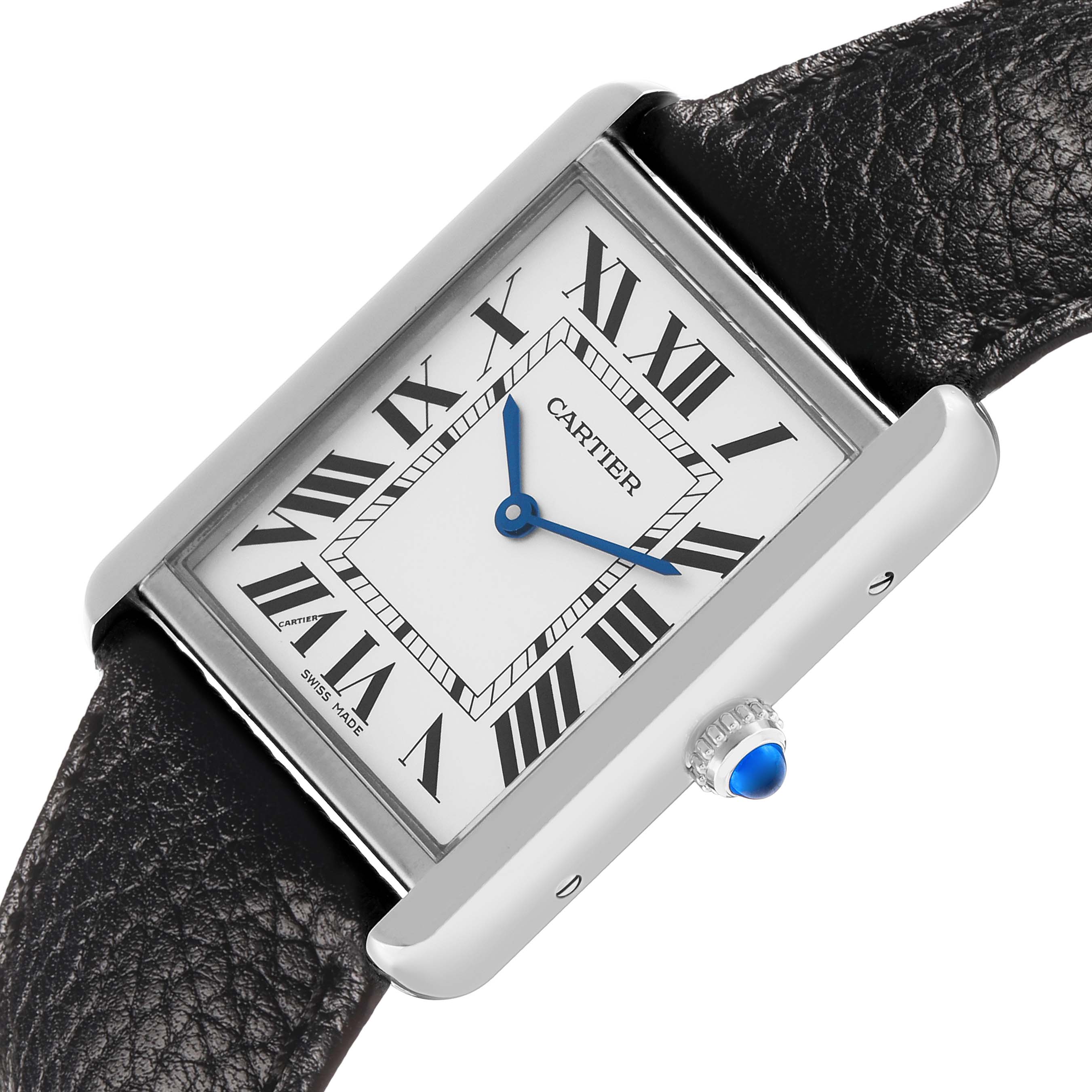 The Cartier Tank Solo WSTA0028 Men's Stainless Steel Silver Dial watch is shown at an angle highlighting the face, strap, and crown with a blue gemstone.