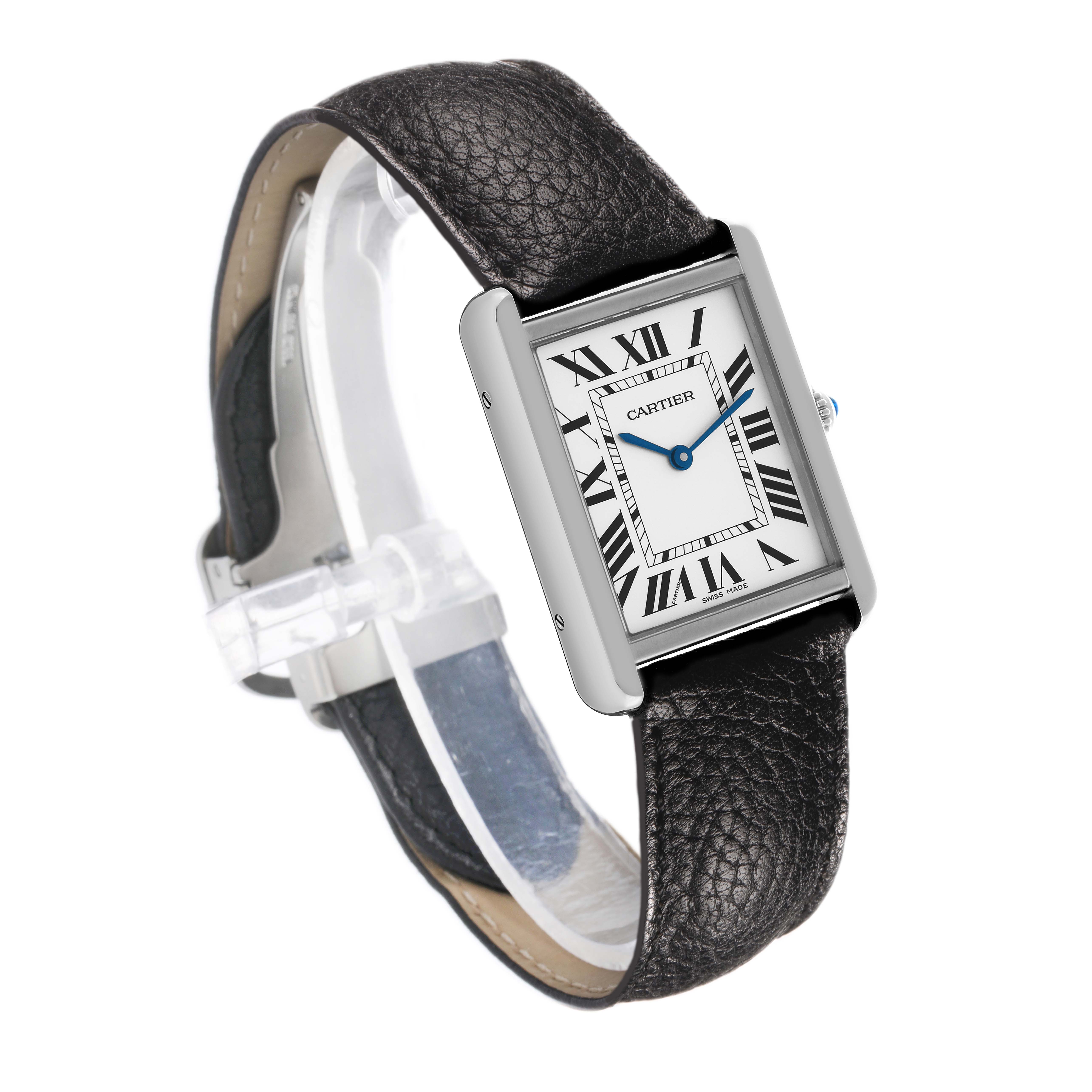 The Cartier Tank Solo WSTA0028 Men's Stainless Steel Silver Dial watch is shown at an angle displaying the face, strap, and crown.