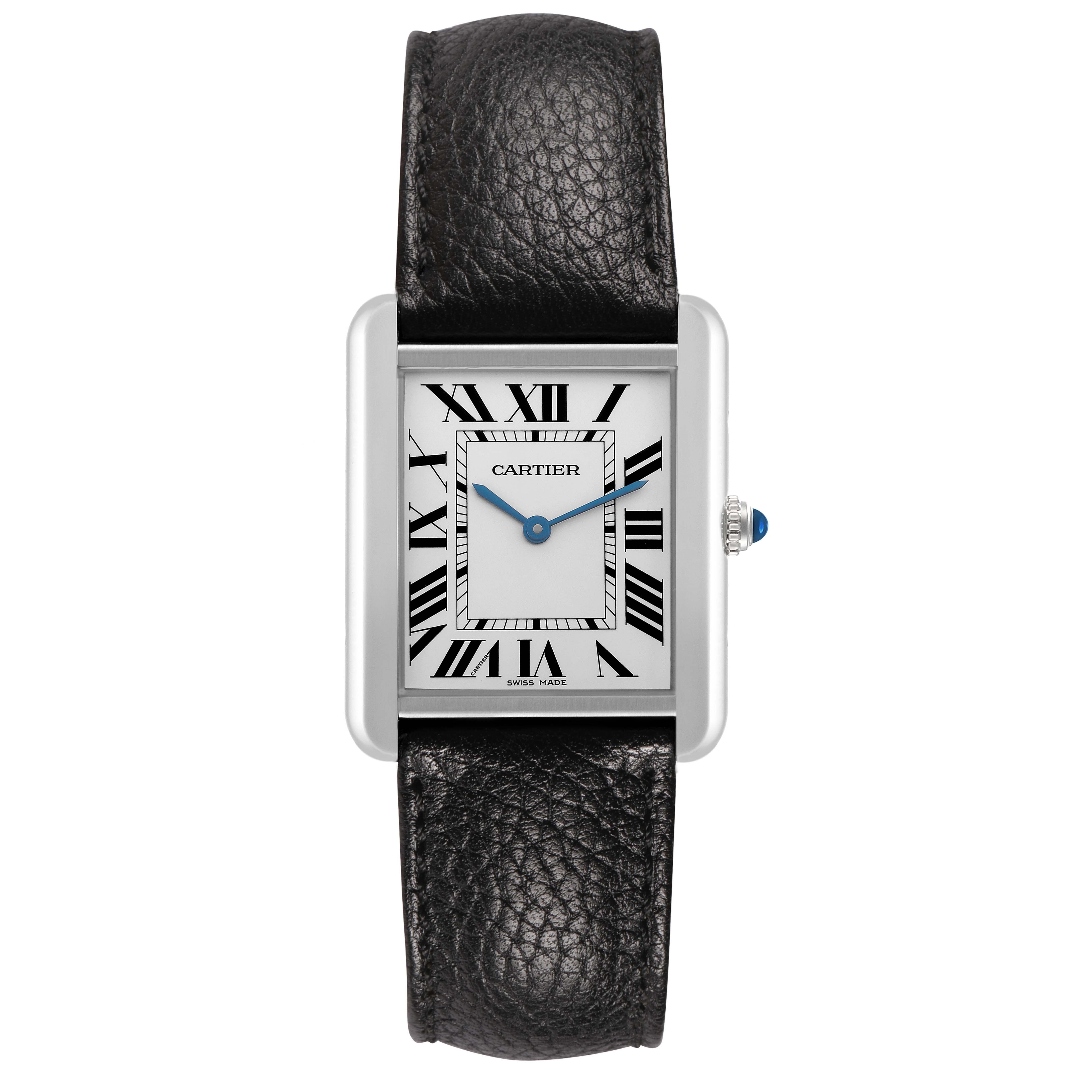 The Cartier Tank Solo WSTA0028 Men's Stainless Steel Silver Dial watch is shown from a straight-on angle, displaying the face, black leather strap, and crown.