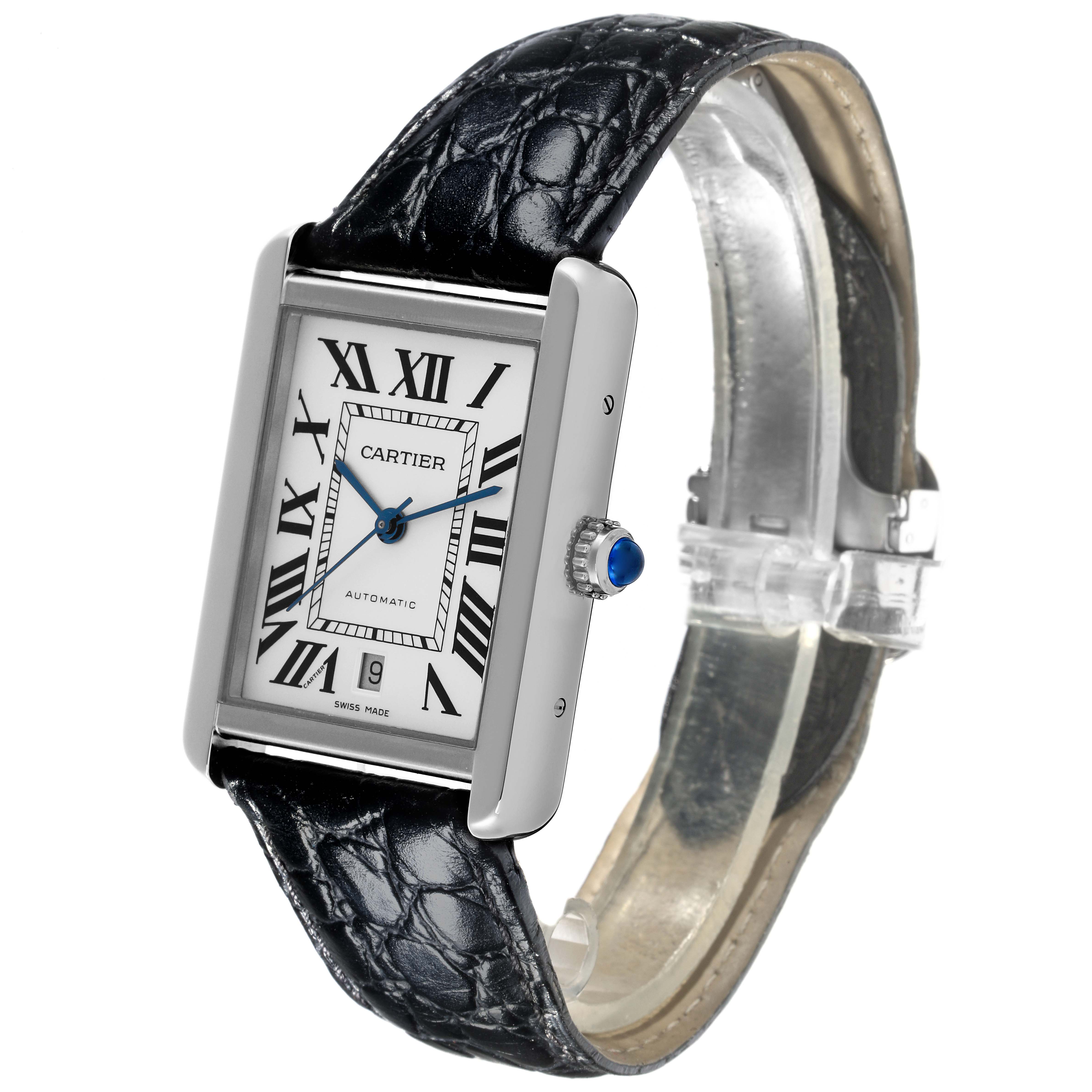 The Cartier Tank Solo W5200027 Men
s Stainless Steel Silver Dial W5200027 Men
s Stainless Steel Silver Dial watch is shown at an angled side view, highlighting the face, black strap, and crown with a blue cabochon.
