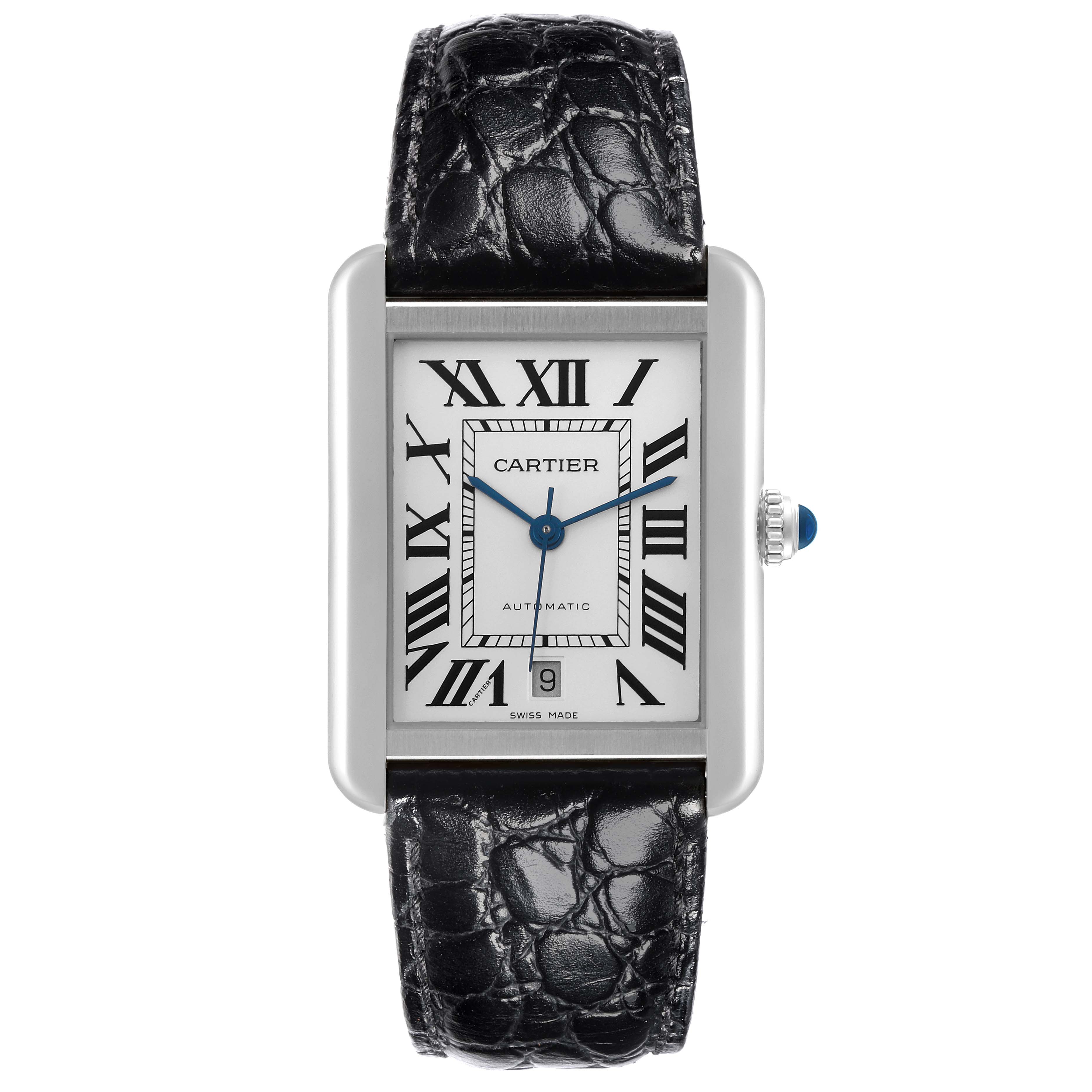 The Cartier Tank Solo W5200027 Men
s Stainless Steel Silver Dial W5200027 Men
s Stainless Steel Silver Dial watch is shown from the front, displaying the rectangular face, Roman numerals, and black leather strap.