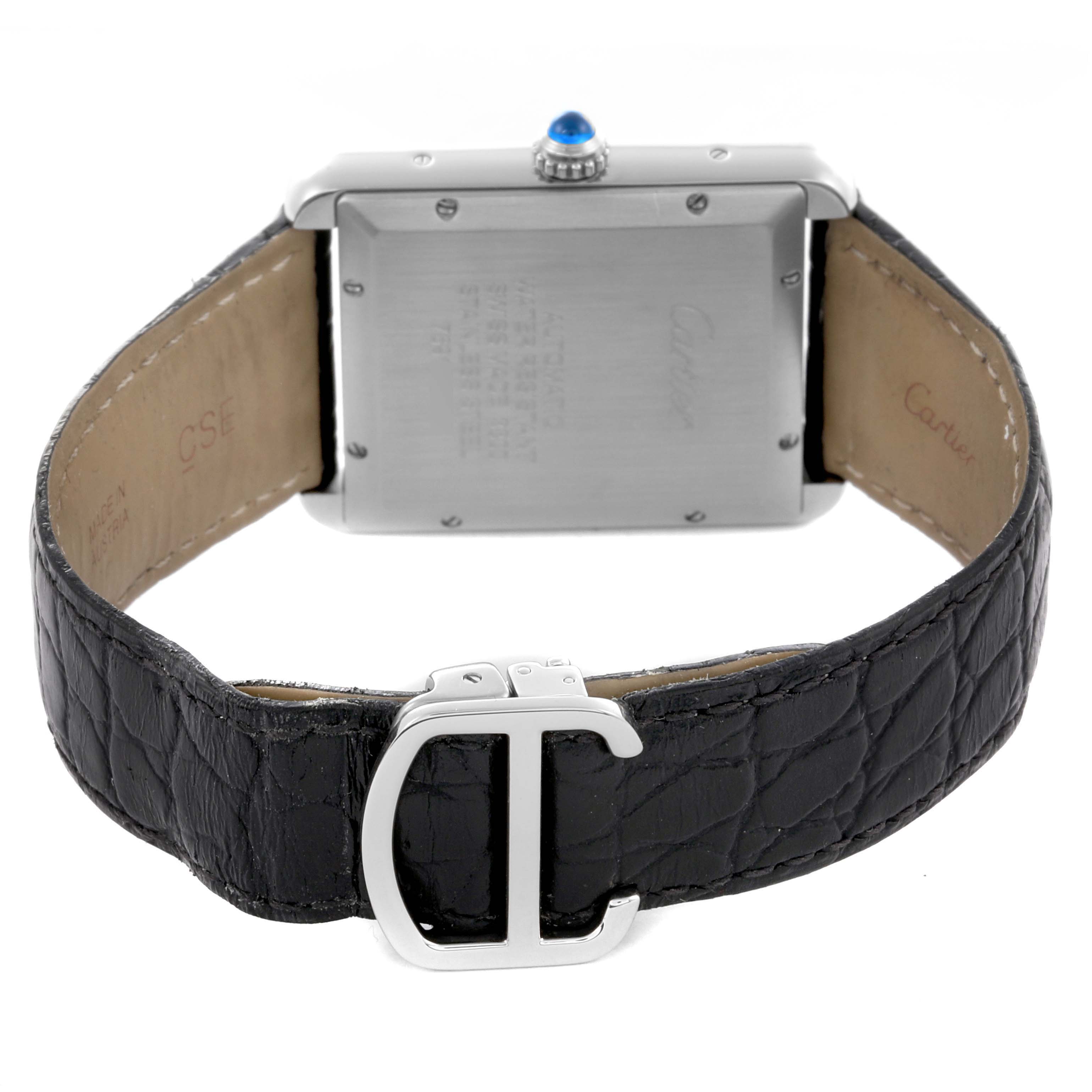 The image shows the back and clasp of a Cartier Tank Solo W5200027 Men
s Stainless Steel Silver Dial W5200027 Men
s Stainless Steel Silver Dial watch, featuring the leather strap and stainless steel case.
