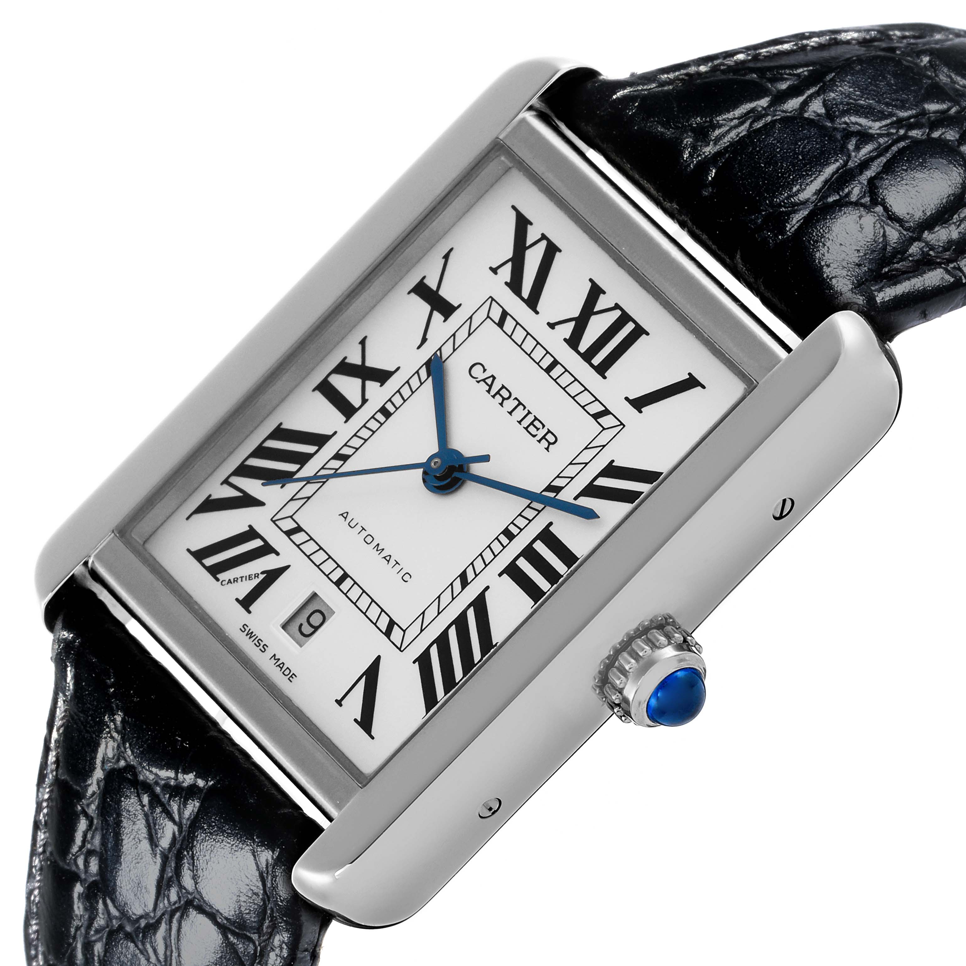 The Cartier Tank Solo W5200027 Men
s Stainless Steel Silver Dial W5200027 Men
s Stainless Steel Silver Dial watch is shown at a slight angle, highlighting the dial, crown, and part of the strap.