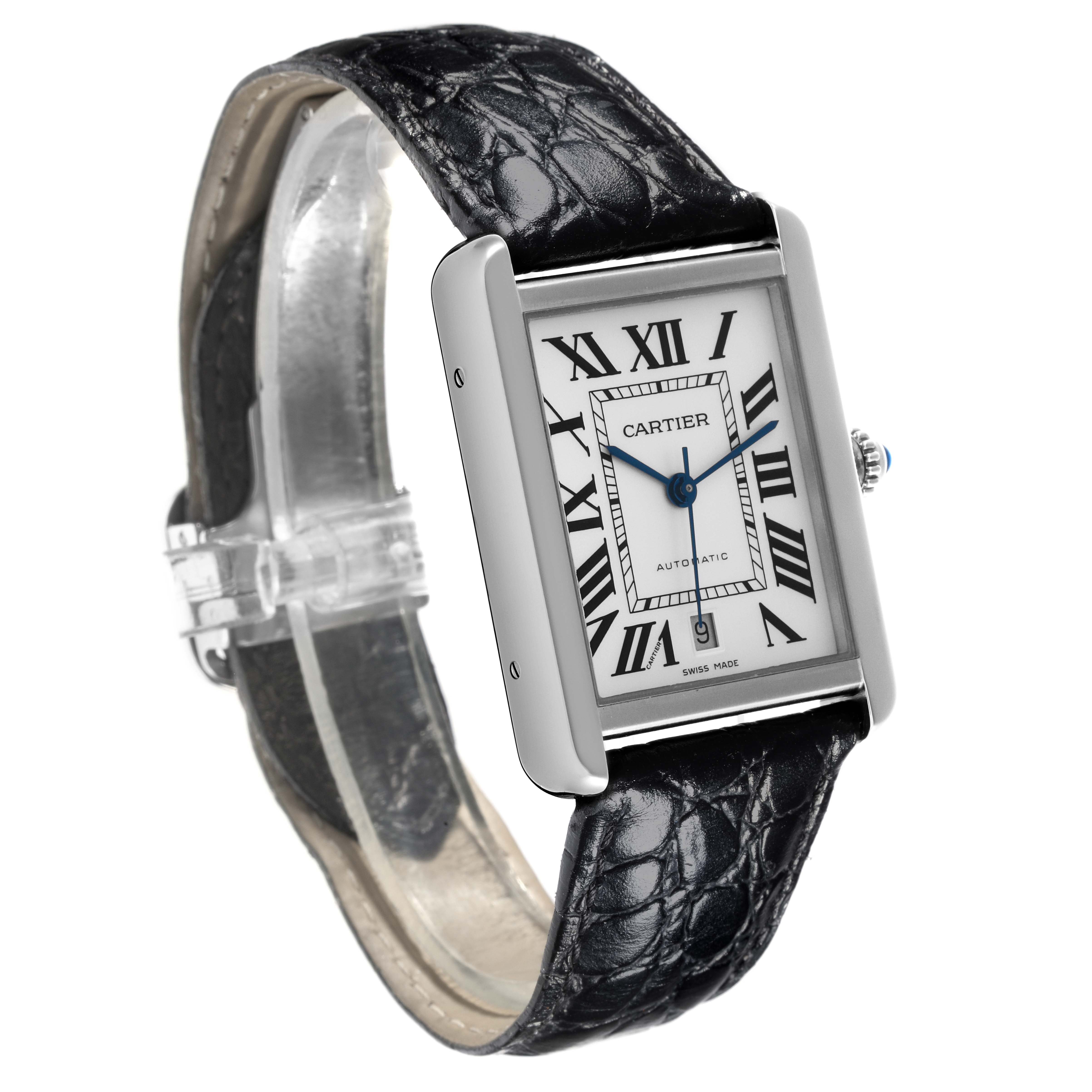 The Cartier Tank Solo W5200027 Men
s Stainless Steel Silver Dial W5200027 Men
s Stainless Steel Silver Dial watch is shown from a three-quarter angle, highlighting its face, strap, and crown.