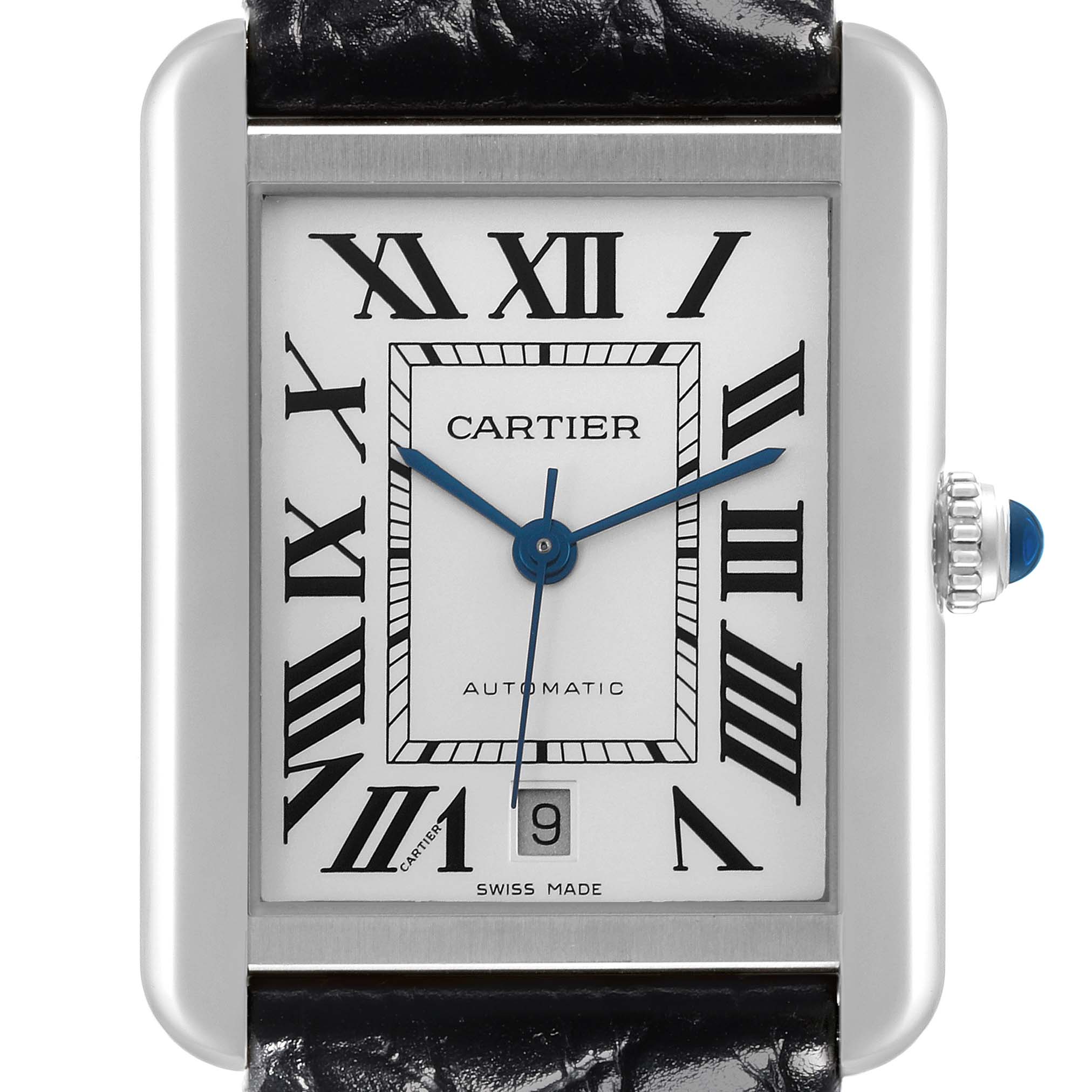 The Cartier Tank Solo W5200027 Men
s Stainless Steel Silver Dial W5200027 Men
s Stainless Steel Silver Dial watch is shown from the front, displaying the dial, Roman numerals, hands, and crown.