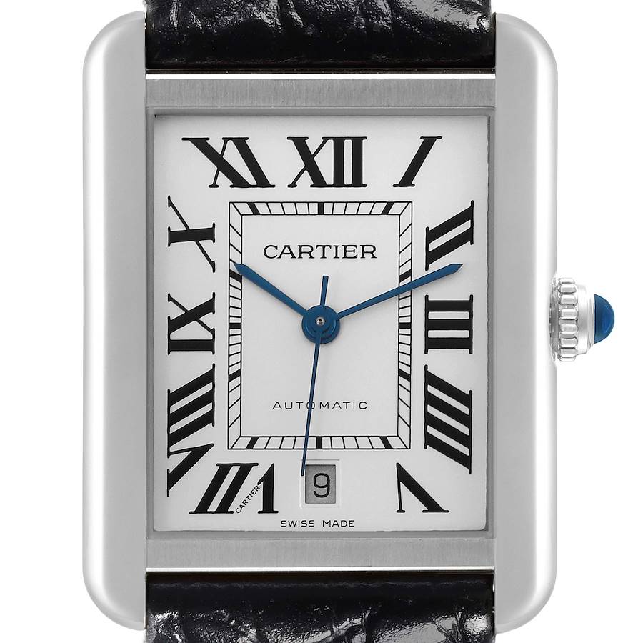 The Cartier Tank Solo watch is shown from the front, displaying the dial, Roman numerals, hands, and crown.