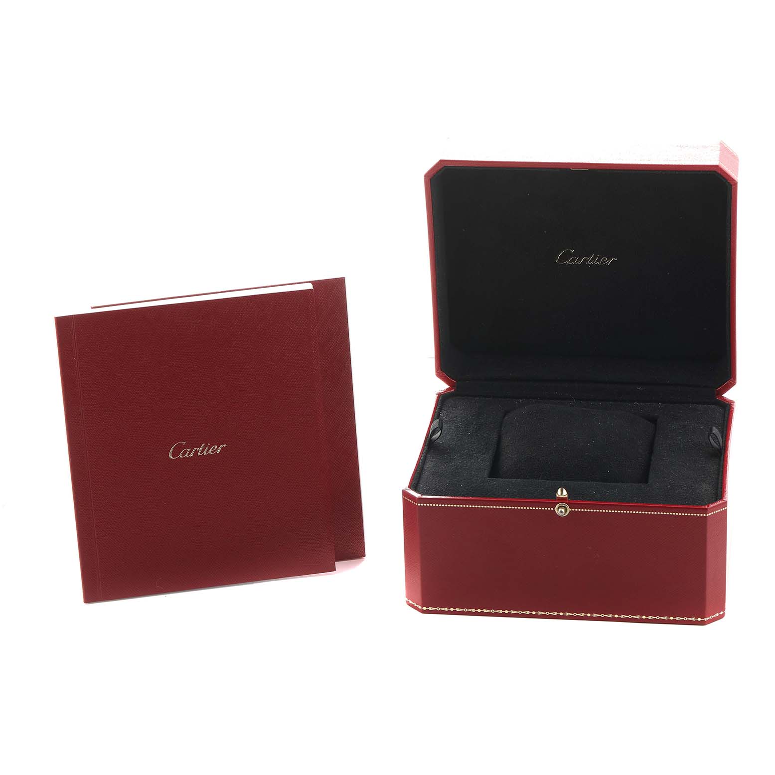 The image shows a Cartier Tank Solo W5200027 Men's Stainless Steel Silver Dial watch box and a booklet, both in red.
