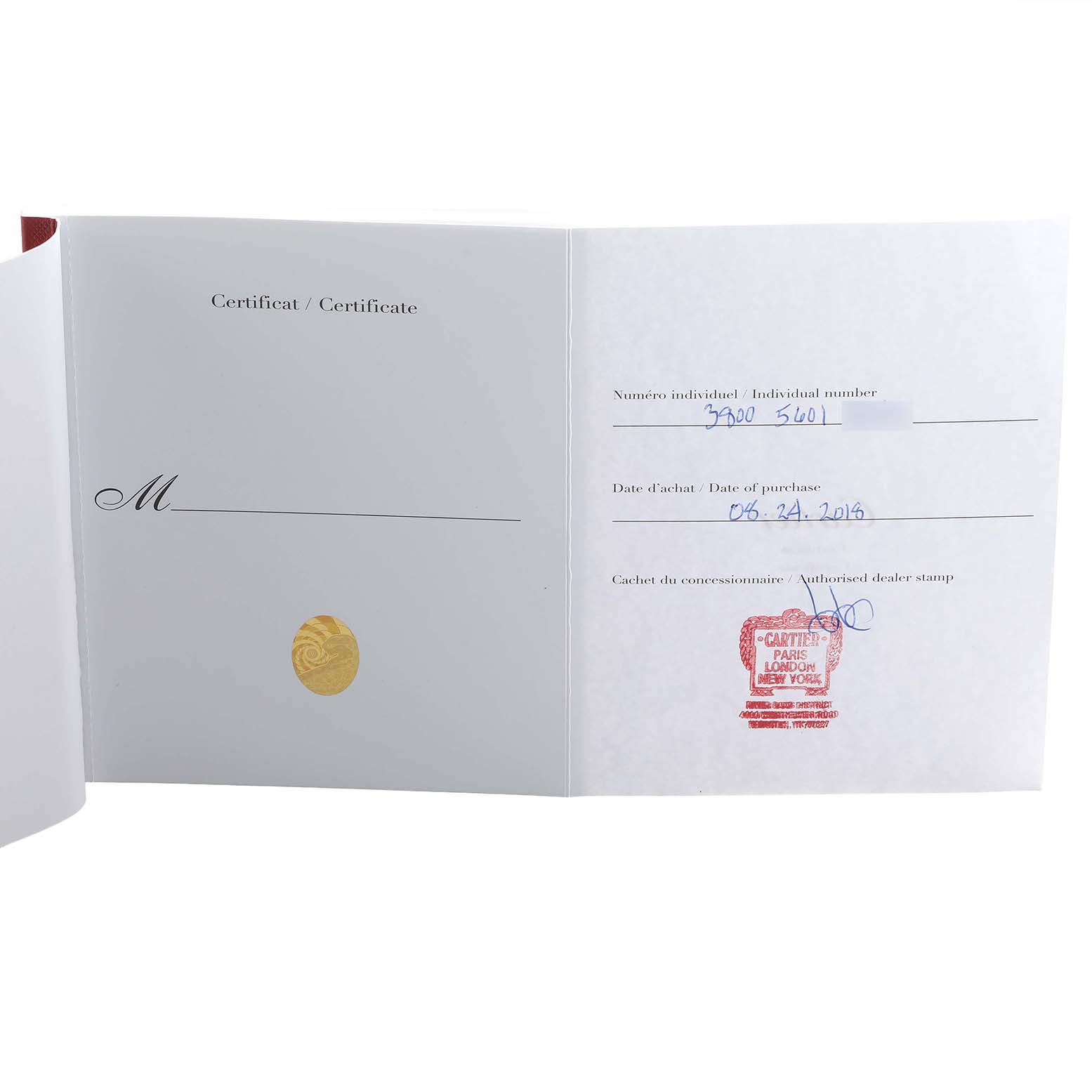 This image shows the certificate for a Cartier Tank Solo W5200027 Men's Stainless Steel Silver Dial watch, displaying purchase details and a dealer stamp.