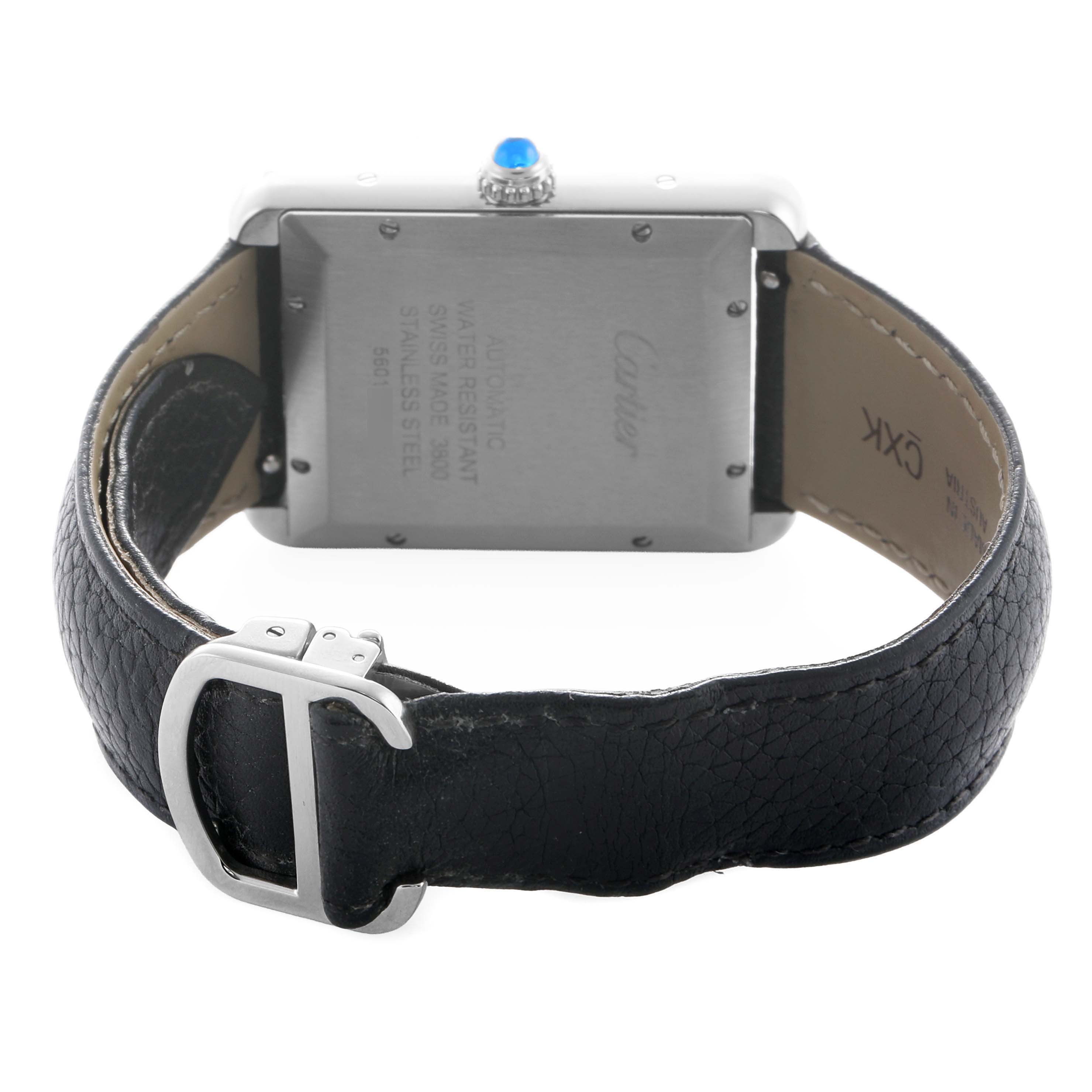 The image shows the back of a Cartier Tank Solo W5200027 Men's Stainless Steel Silver Dial watch, highlighting the case, strap, and buckle.