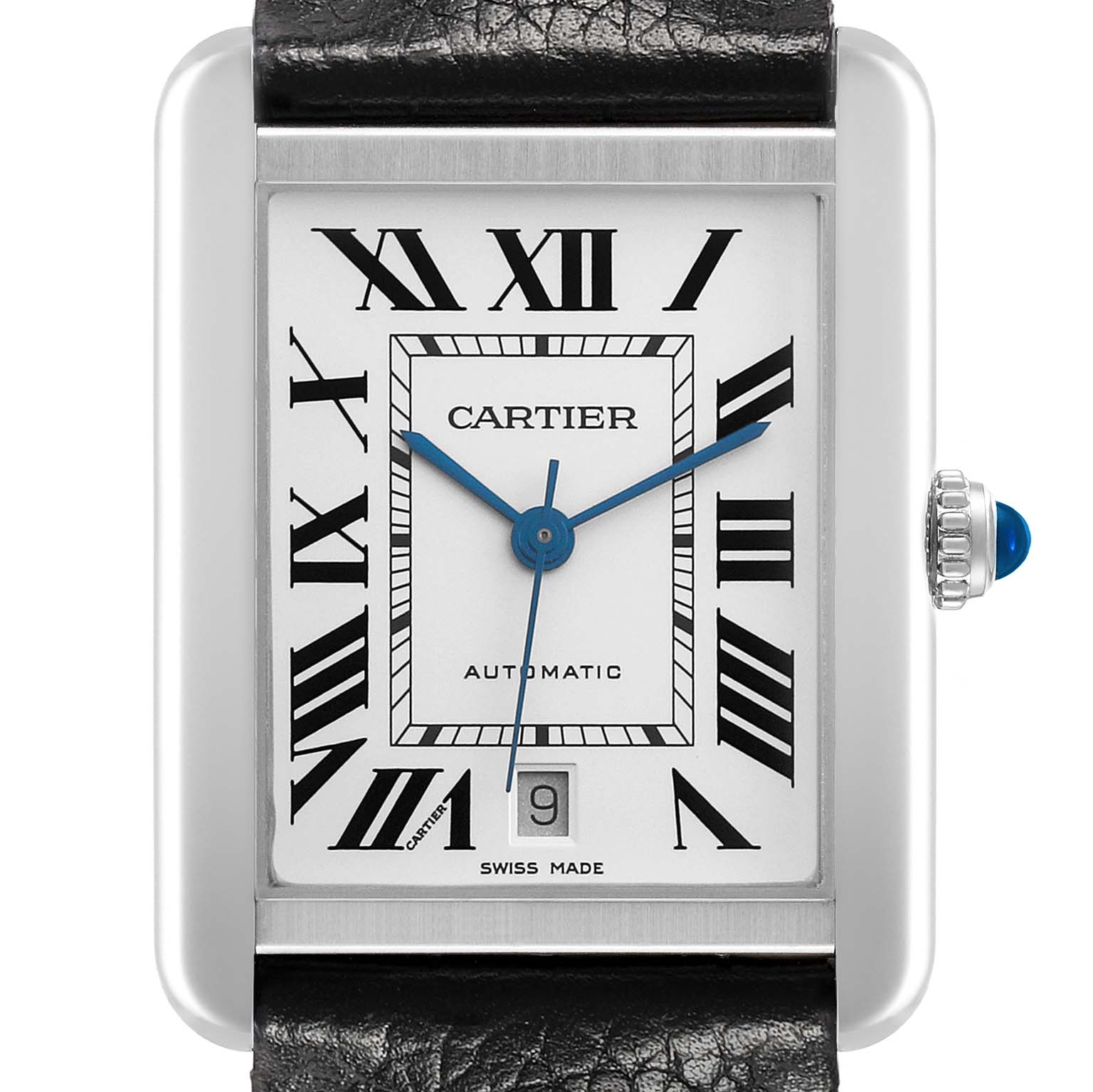The Cartier Tank Solo W5200027 Men's Stainless Steel Silver Dial watch is shown from a front angle, displaying its dial, Roman numerals, and side crown.