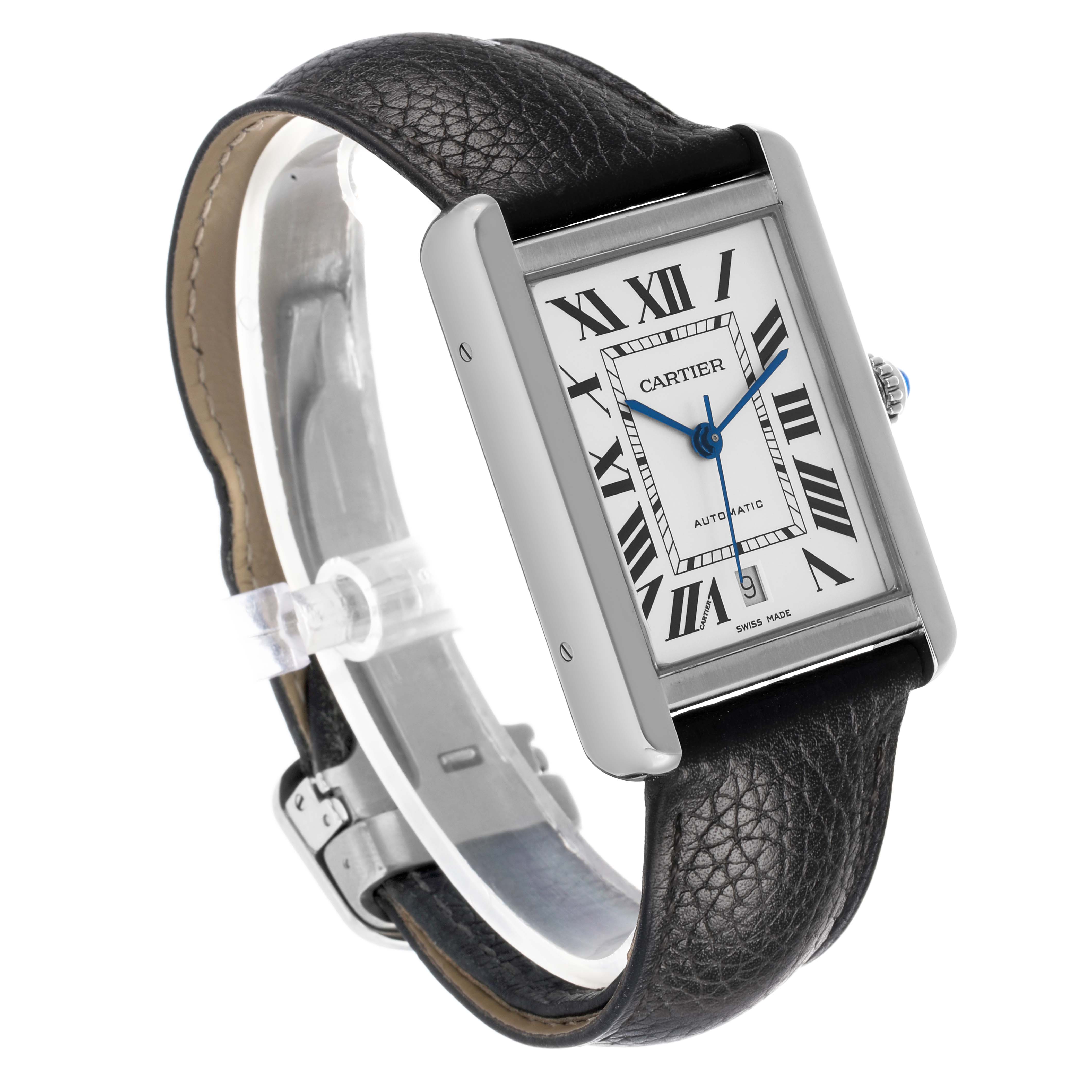 The Cartier Tank Solo W5200027 Men's Stainless Steel Silver Dial watch is shown at a three-quarter angle, displaying the dial, case, crown, and leather strap.