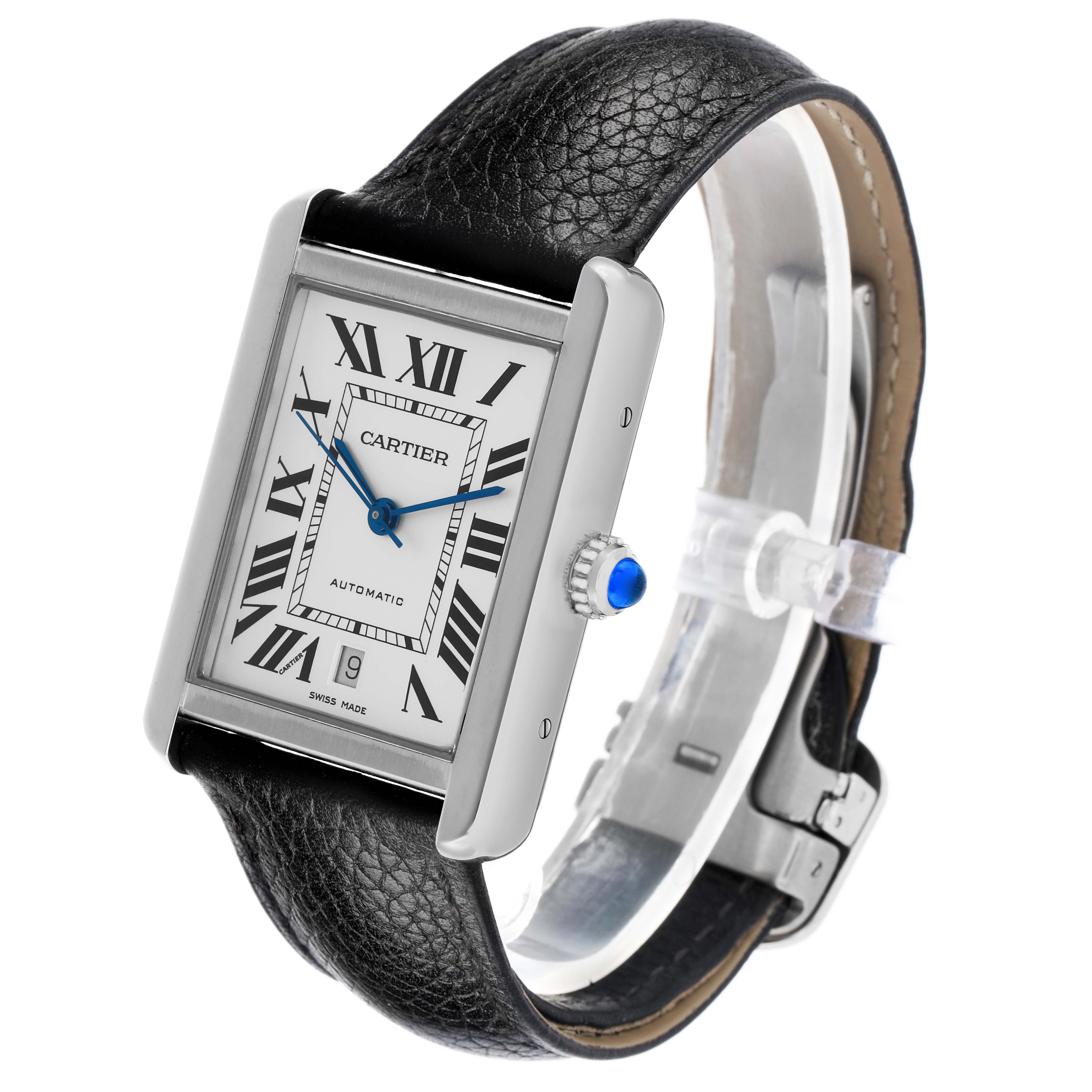 The Cartier Tank Solo W5200027 Men's Stainless Steel Silver Dial watch is shown at a slight angle, highlighting the dial, Roman numerals, leather strap, and sapphire cabochon crown.