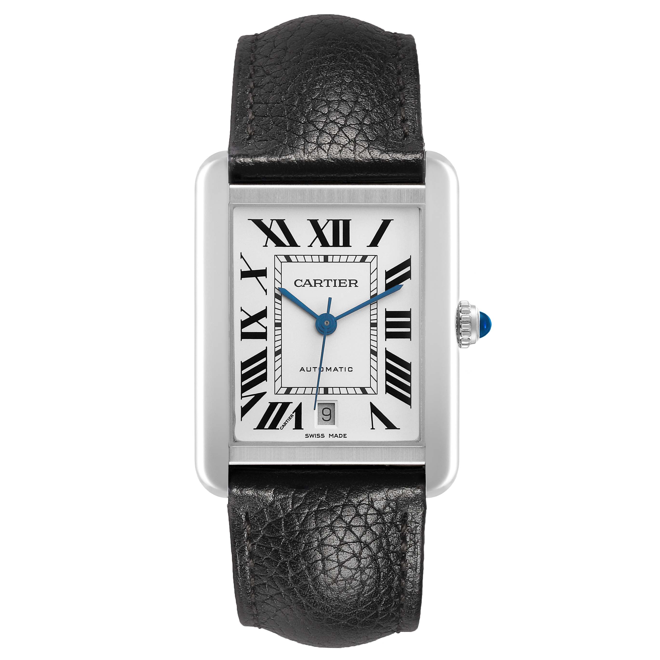 The Cartier Tank Solo W5200027 Men's Stainless Steel Silver Dial watch is shown from the front, displaying the dial, hands, Roman numerals, and part of the leather strap.
