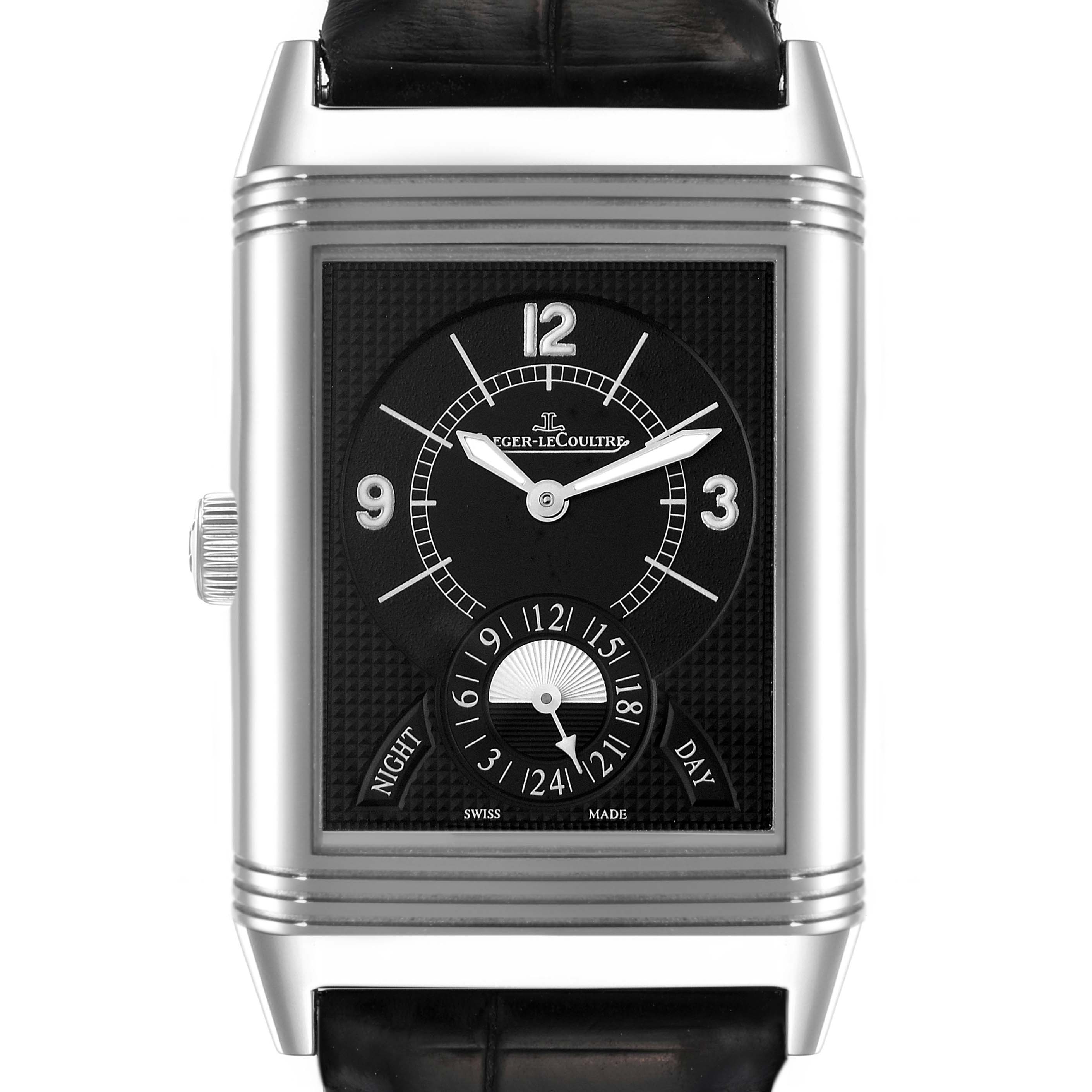 The image shows a front view of the Jaeger-LeCoultre Reverso watch displaying its dial and leather strap.