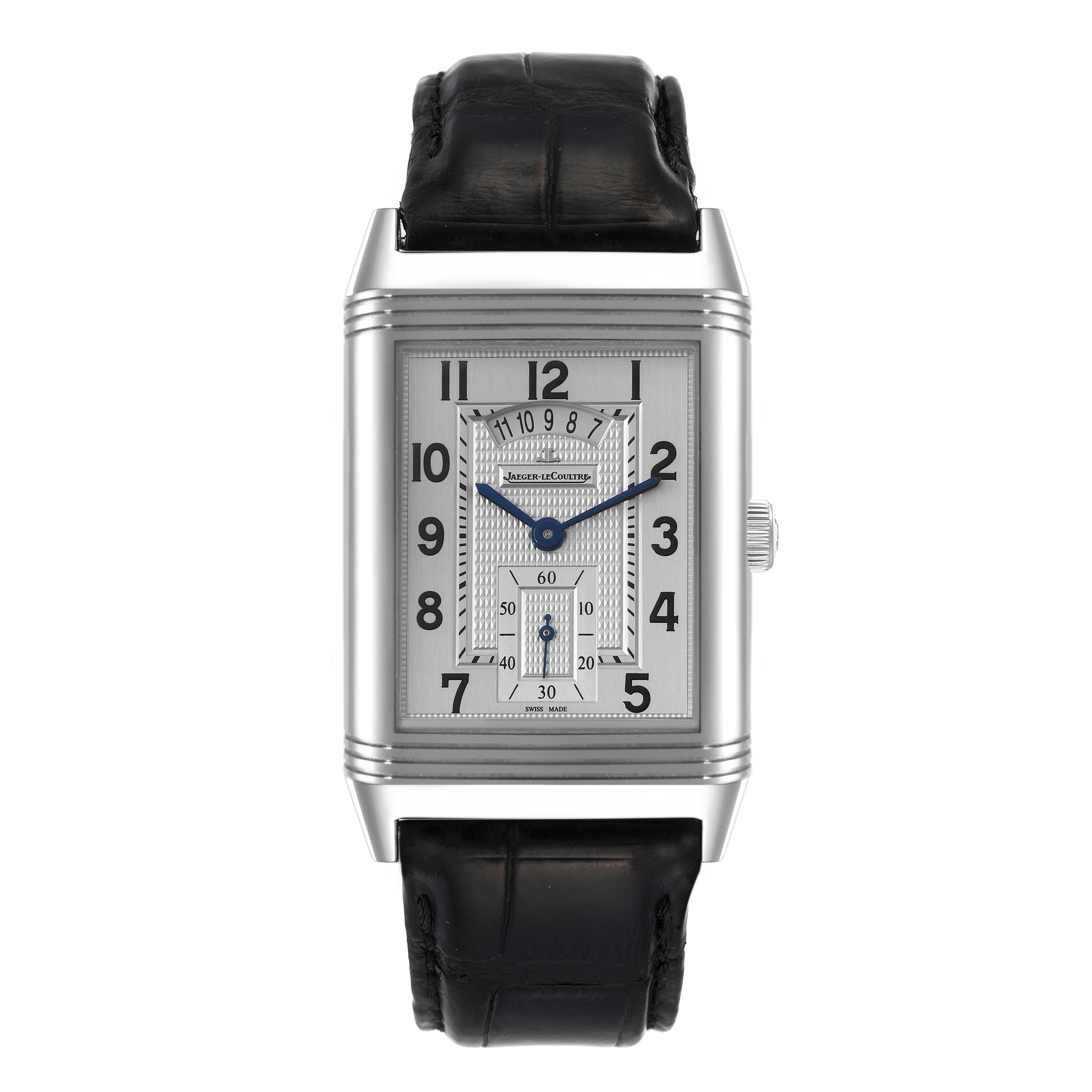 The Jaeger-LeCoultre Reverso watch is shown in a front view, displaying the face, dial, hands, and leather strap.