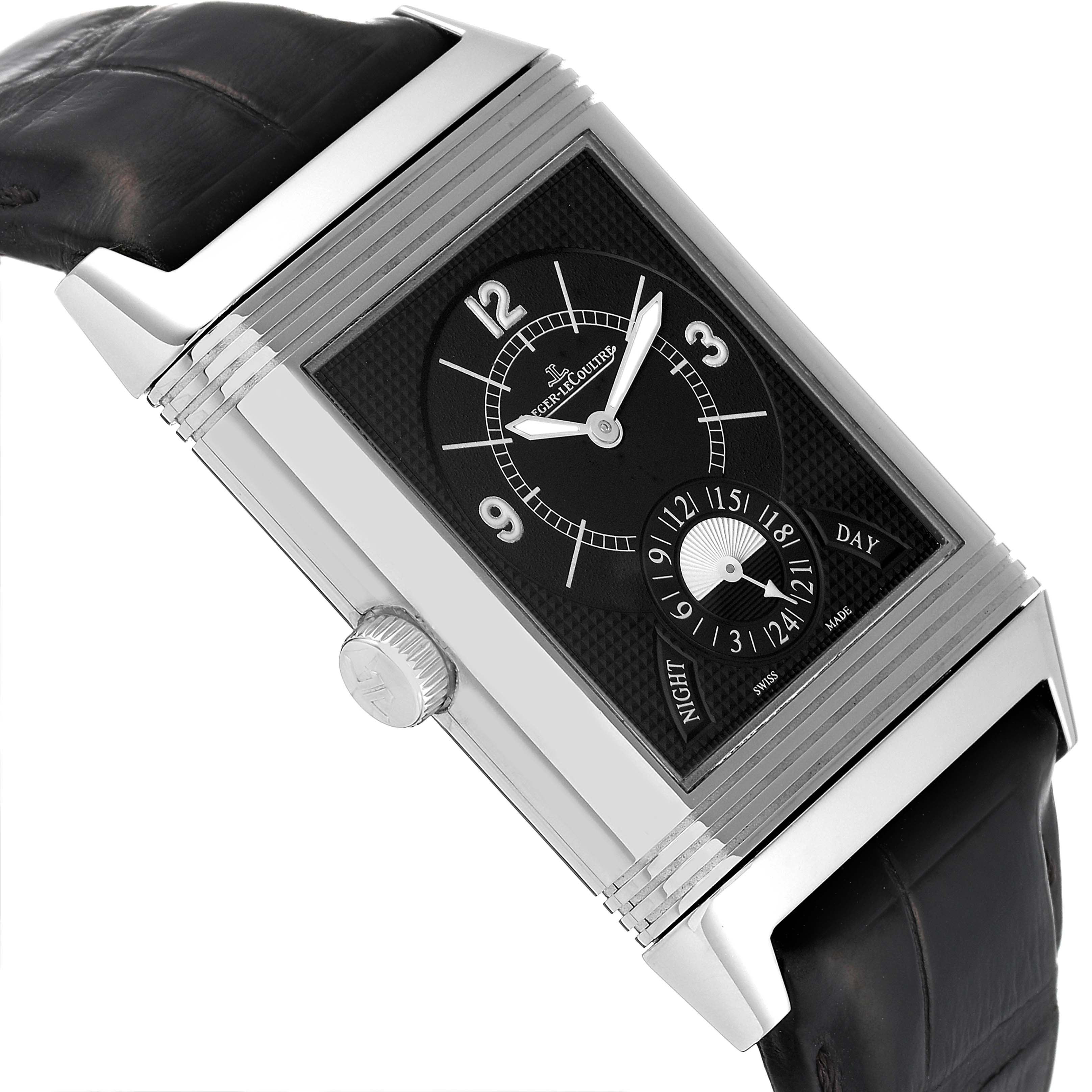This is an angled view of the Reverso model by Jaeger LeCoultre showing the face, crown, and part of the leather strap.