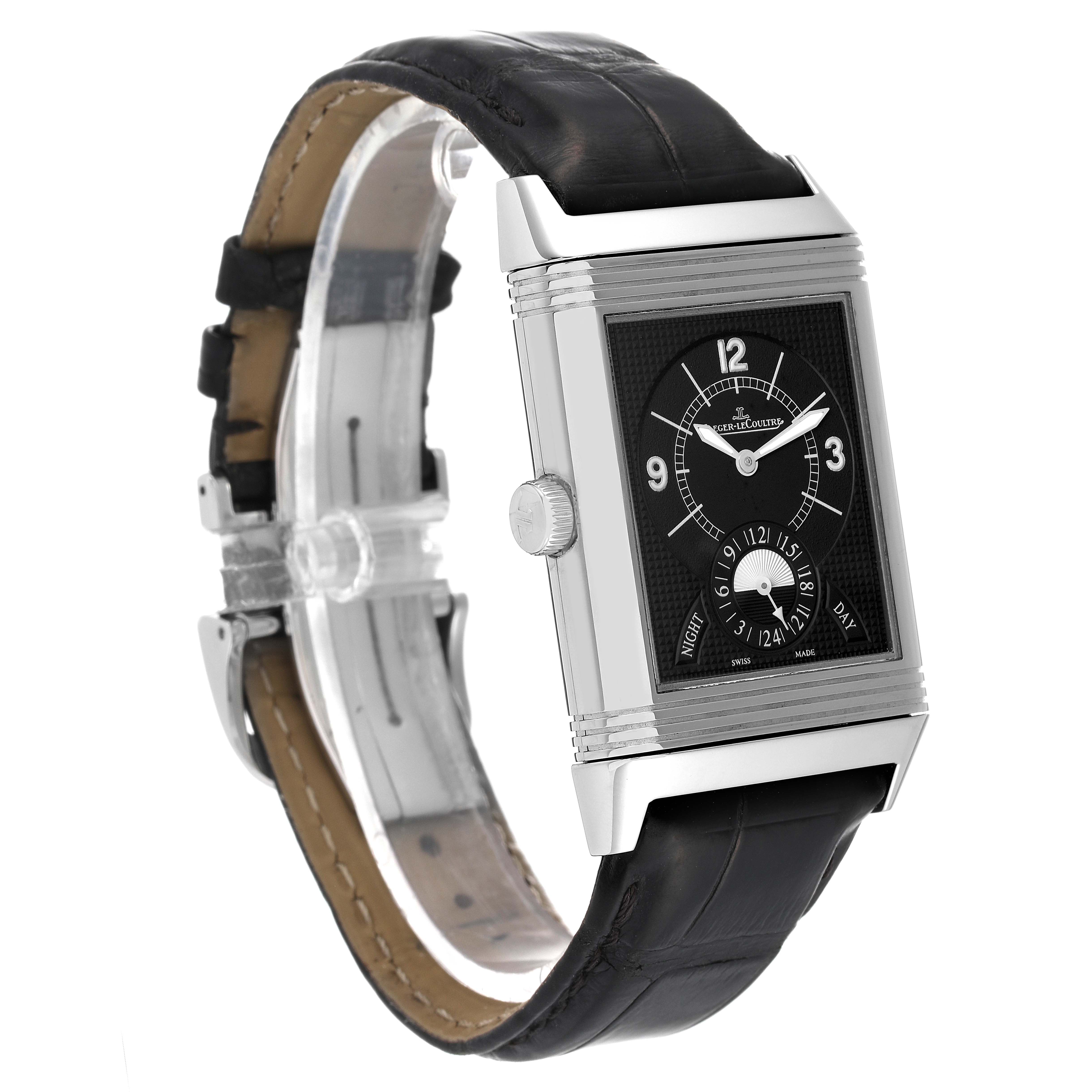 This image shows a Jaeger-LeCoultre Reverso watch from a side angle, highlighting its rectangular face and leather strap.