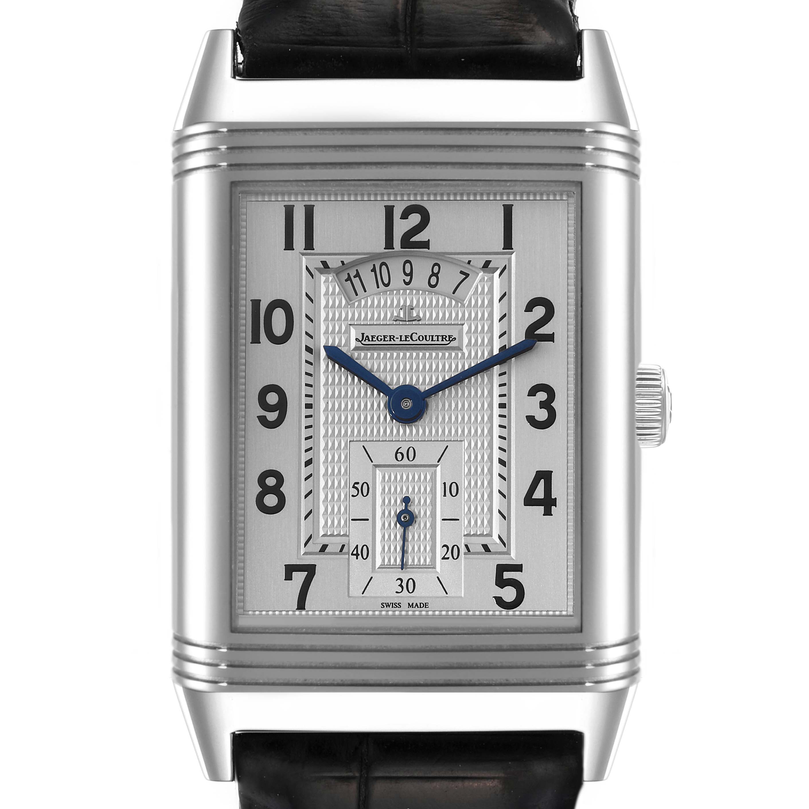 The image shows a Jaeger-LeCoultre Reverso watch with a clear view of the face, numerals, hands, and crown.