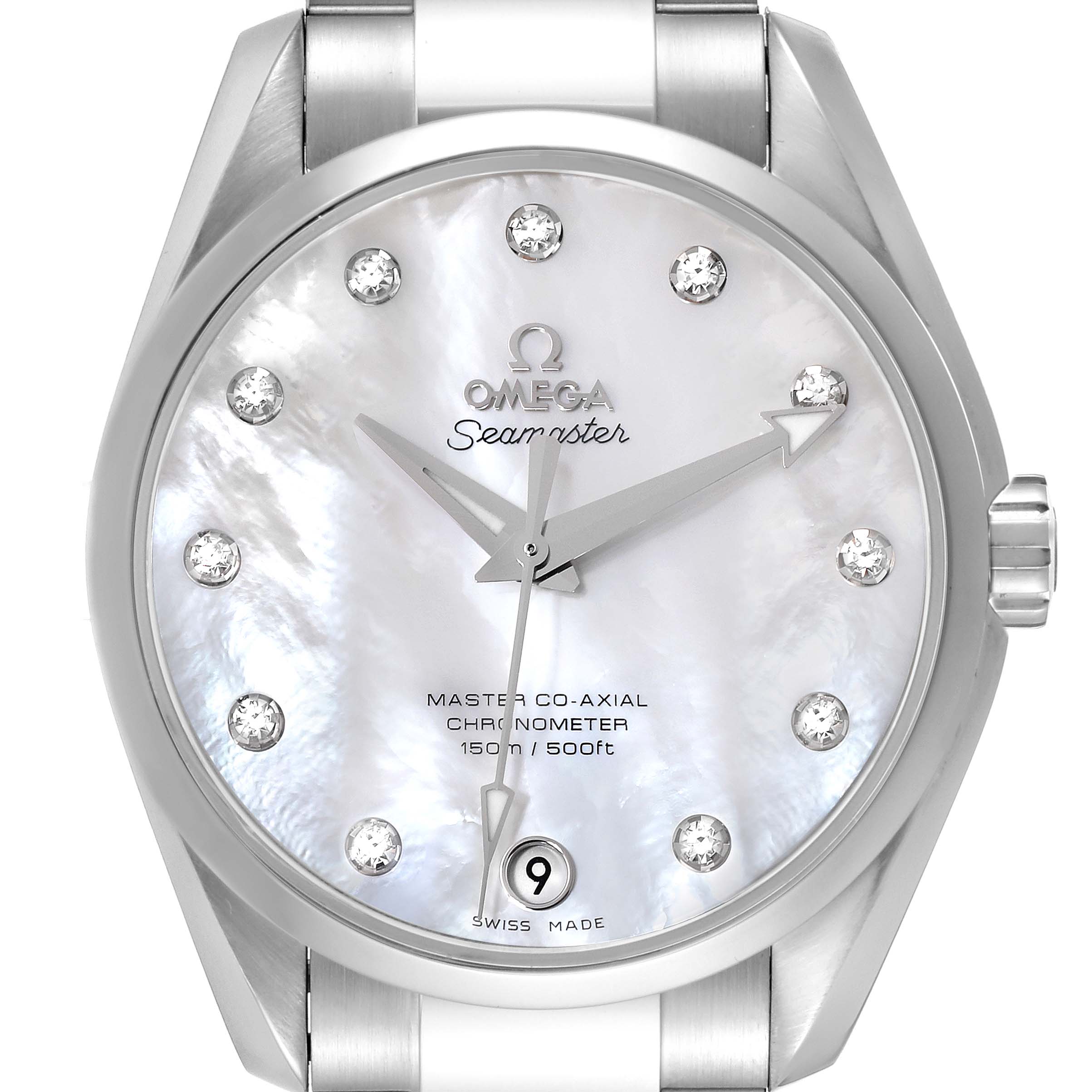 The image shows a front view of the Omega Aqua Terra 231.10.39.21.55.002 Men's Stainless Steel Mother of Pearl Dial 231.10.39.21.55.002 Men's Stainless Steel Mother of Pearl Dial Seamaster watch, highlighting its dial and part of the bracelet.