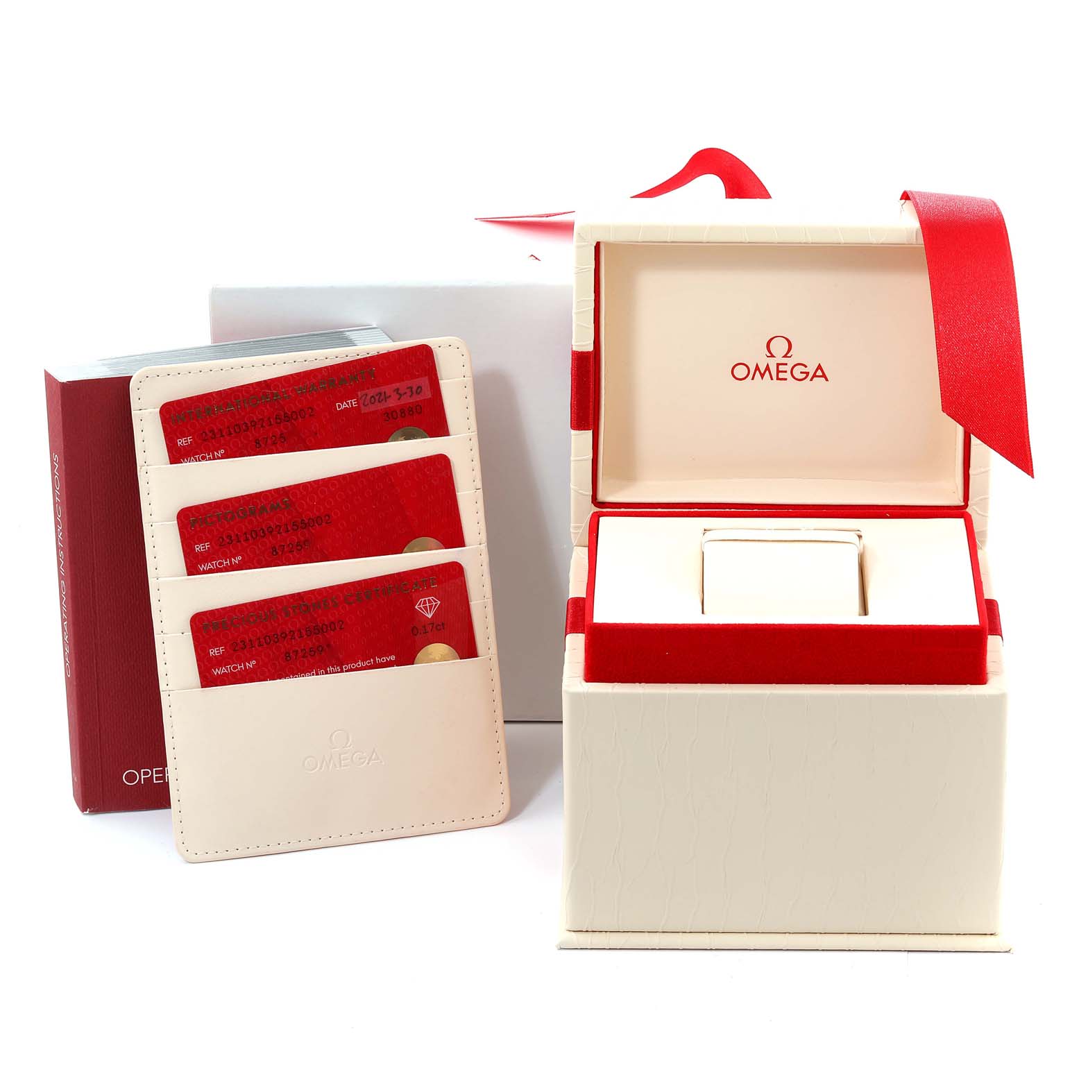 The image shows the packaging, box, and warranty cards of the Omega Aqua Terra 231.10.39.21.55.002 Men's Stainless Steel Mother of Pearl Dial 231.10.39.21.55.002 Men's Stainless Steel Mother of Pearl Dial model watch.