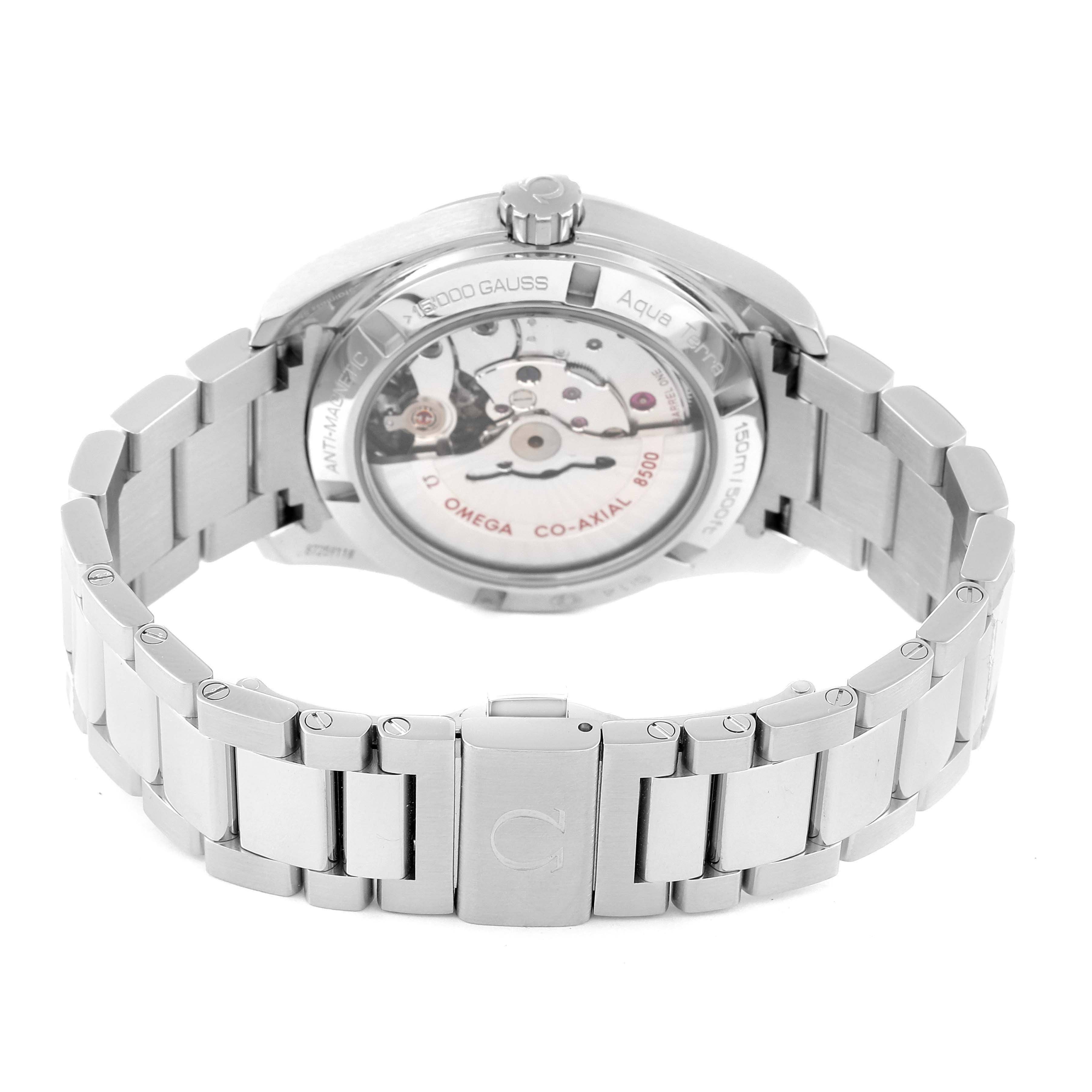 The image shows the back view of an Omega Aqua Terra 231.10.39.21.55.002 Men's Stainless Steel Mother of Pearl Dial 231.10.39.21.55.002 Men's Stainless Steel Mother of Pearl Dial watch, highlighting its transparent case back and metal bracelet.