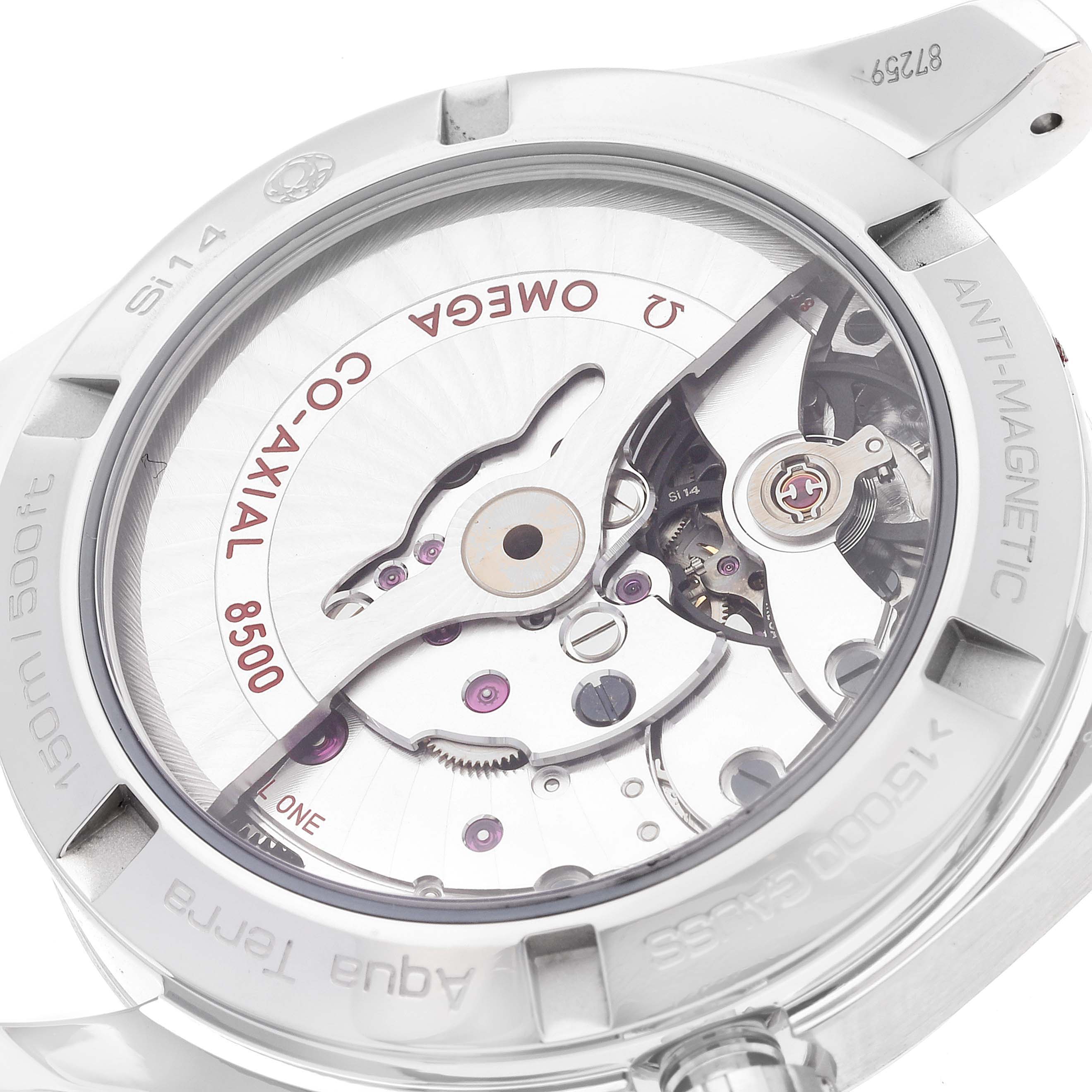 The image shows the back of the Omega Aqua Terra 231.10.39.21.55.002 Men's Stainless Steel Mother of Pearl Dial 231.10.39.21.55.002 Men's Stainless Steel Mother of Pearl Dial watch, displaying its Co-Axial 8500 movement through a transparent case back.