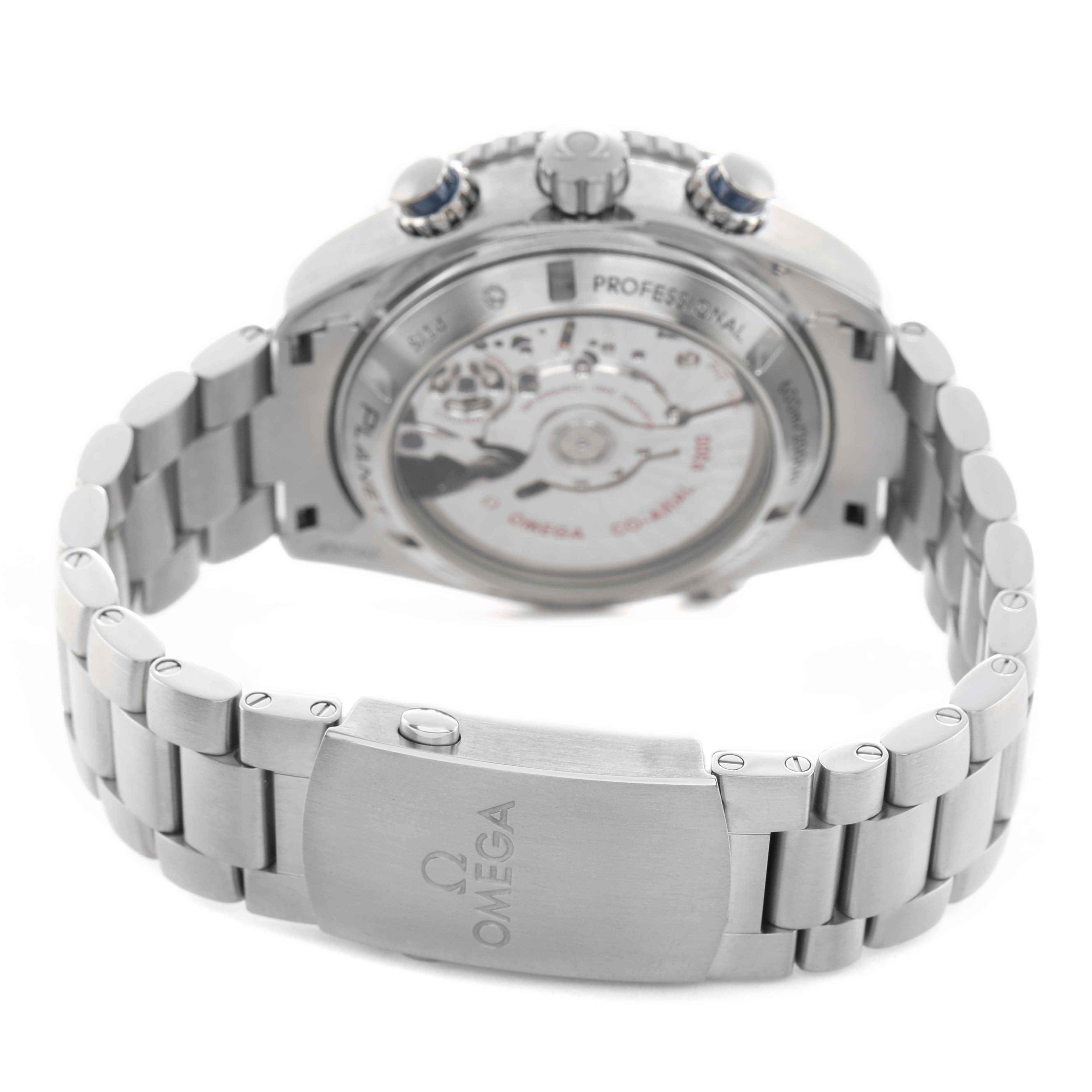 The Omega Planet Ocean 232.90.46.51.03.001 Men's Titanium Blue Dial watch is shown from the back, highlighting the transparent case back and stainless steel bracelet.