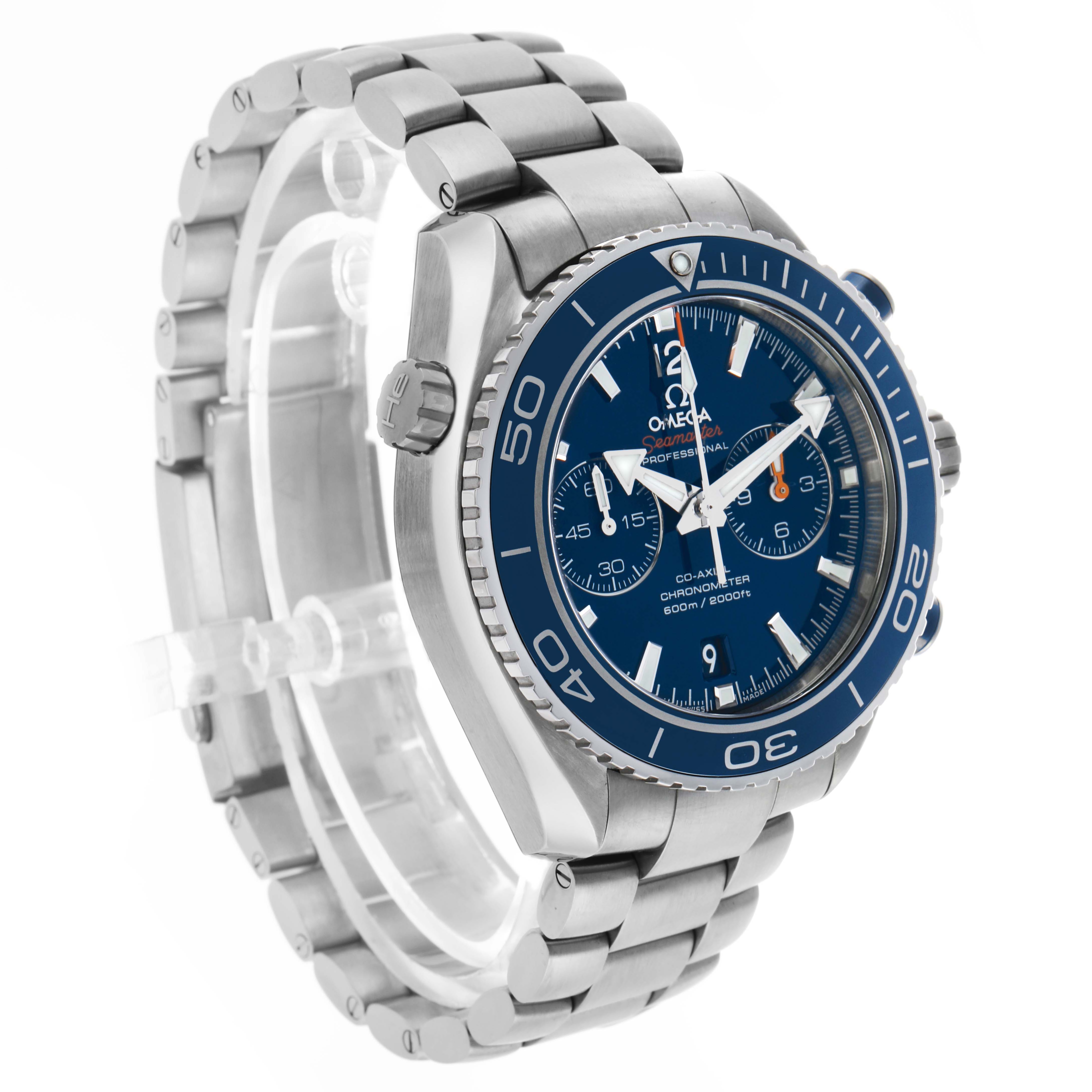 The Omega Planet Ocean 232.90.46.51.03.001 Men's Titanium Blue Dial watch is shown at an angle highlighting the dial, bezel, crown, and stainless steel bracelet.