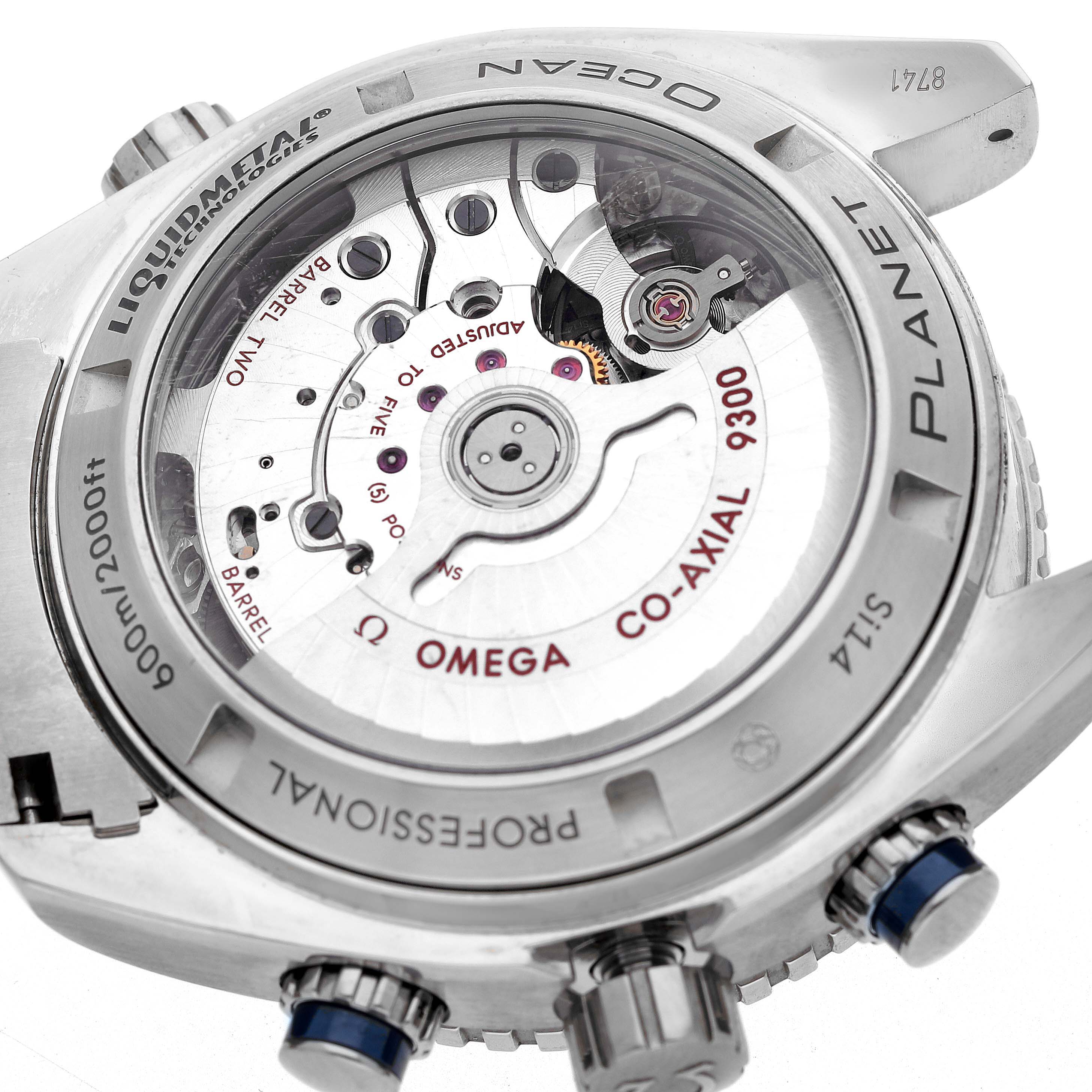 The image shows the back of an Omega Planet Ocean 232.90.46.51.03.001 Men's Titanium Blue Dial watch, highlighting its Co-Axial 9300 movement and branded inscriptions.