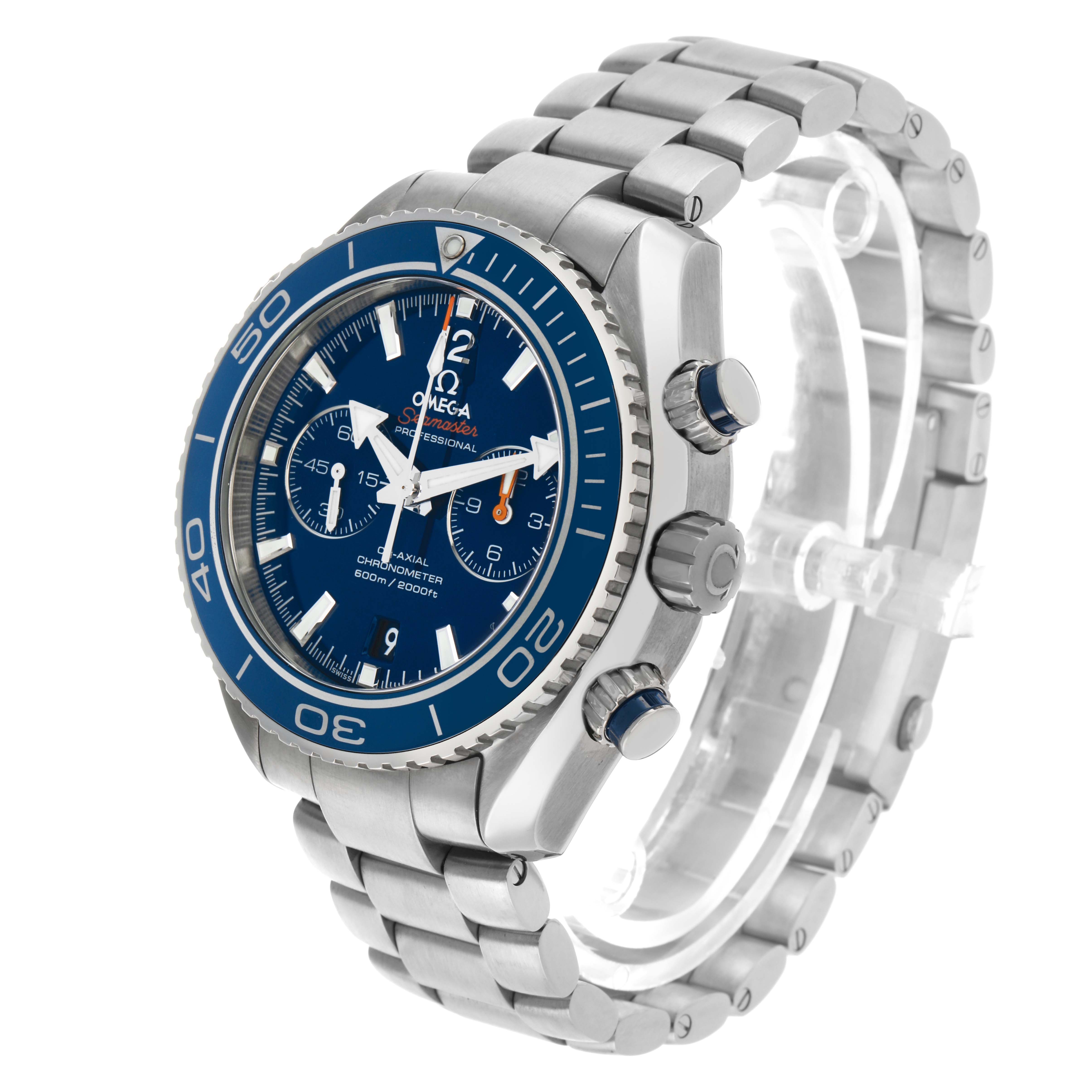 The Omega Planet Ocean 232.90.46.51.03.001 Men's Titanium Blue Dial watch is viewed at an angle showing the face, bezel, chronograph buttons, and metal bracelet.