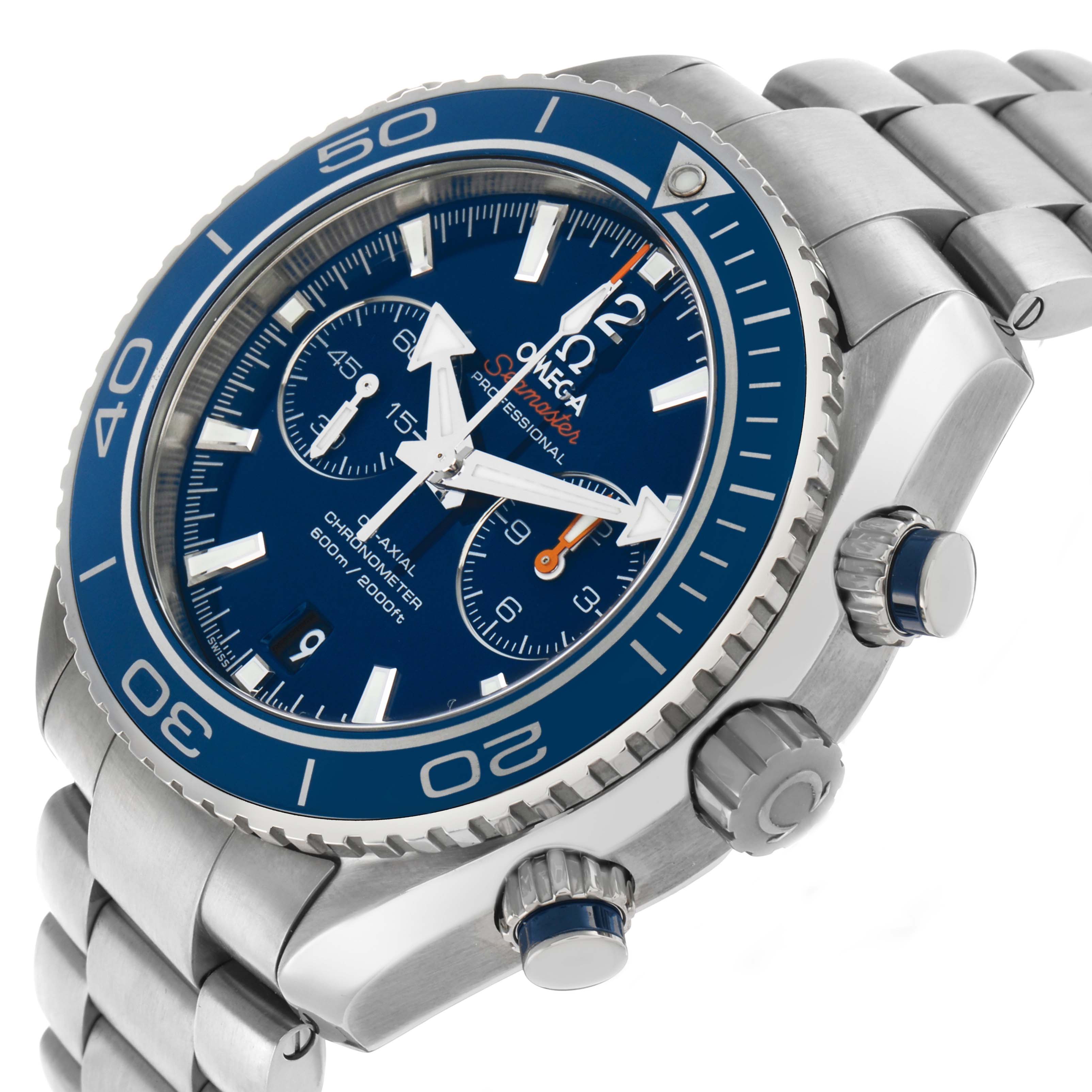The Omega Planet Ocean 232.90.46.51.03.001 Men's Titanium Blue Dial watch is shown at an angled close-up, highlighting the blue bezel, chronograph dials, crown, and bracelet.