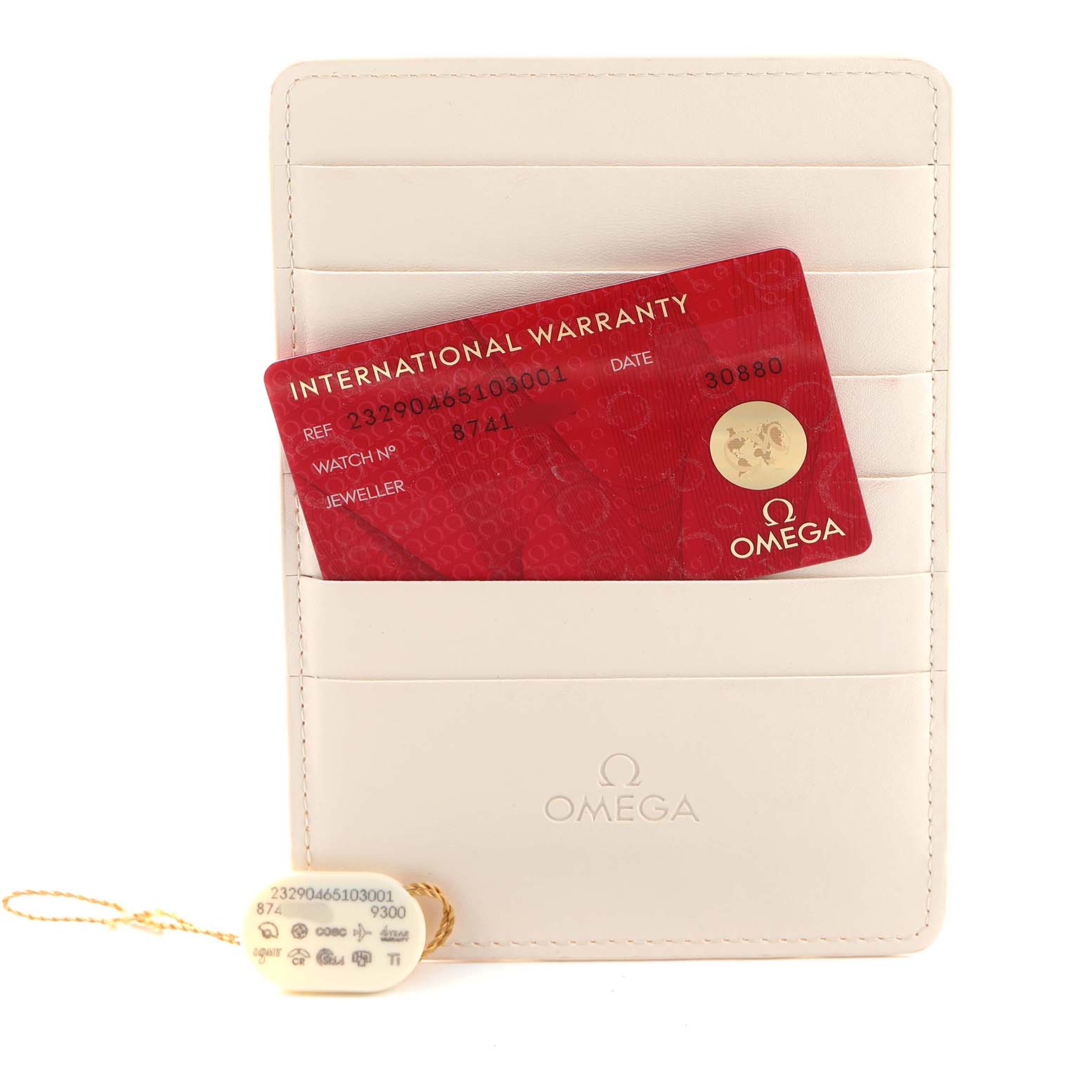 The image shows an Omega Planet Ocean 232.90.46.51.03.001 Men's Titanium Blue Dial warranty card and holder, straight-on, along with a white tag.