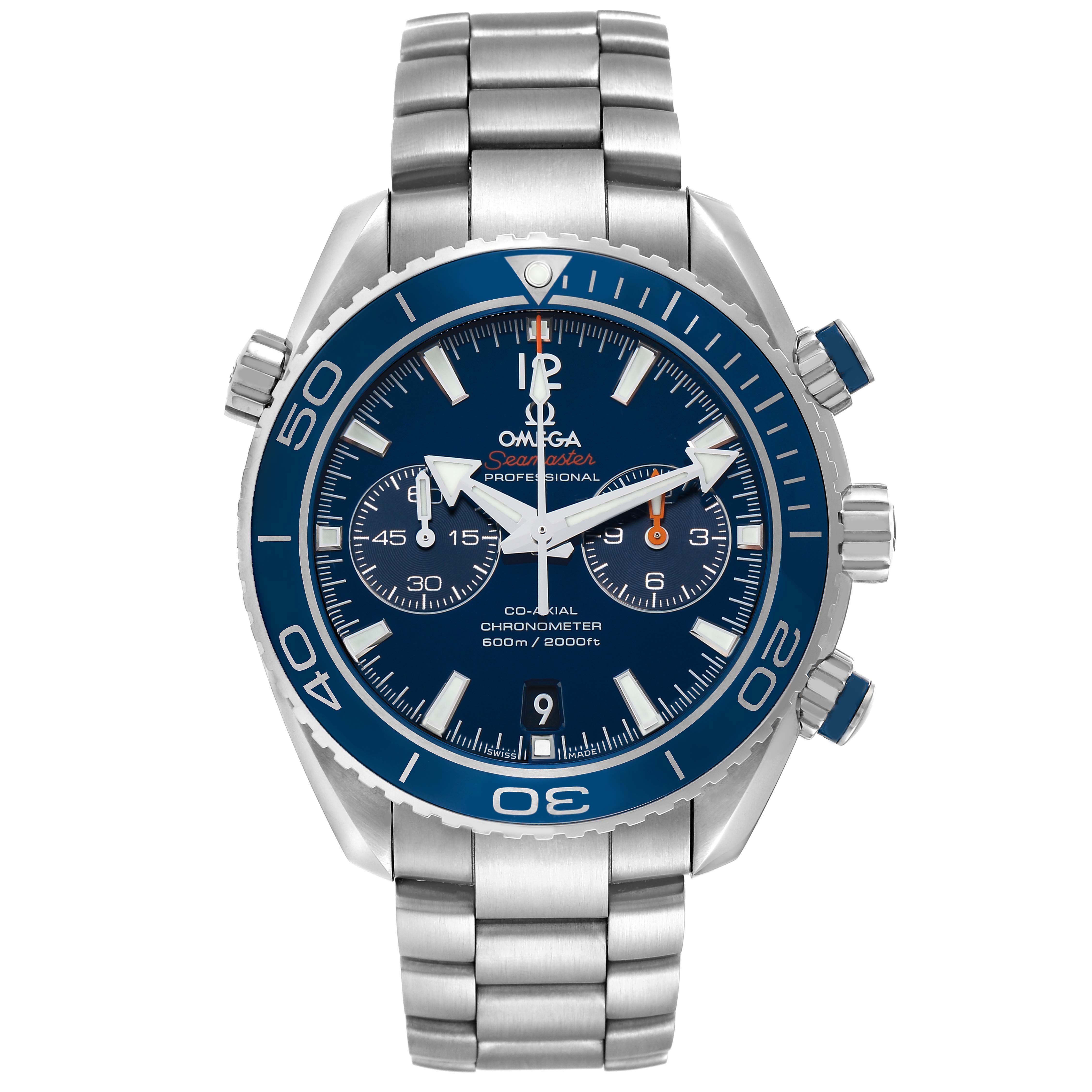 The Omega Planet Ocean 232.90.46.51.03.001 Men's Titanium Blue Dial model is shown from a frontal view, displaying its bezel, dial, sub-dials, and bracelet.