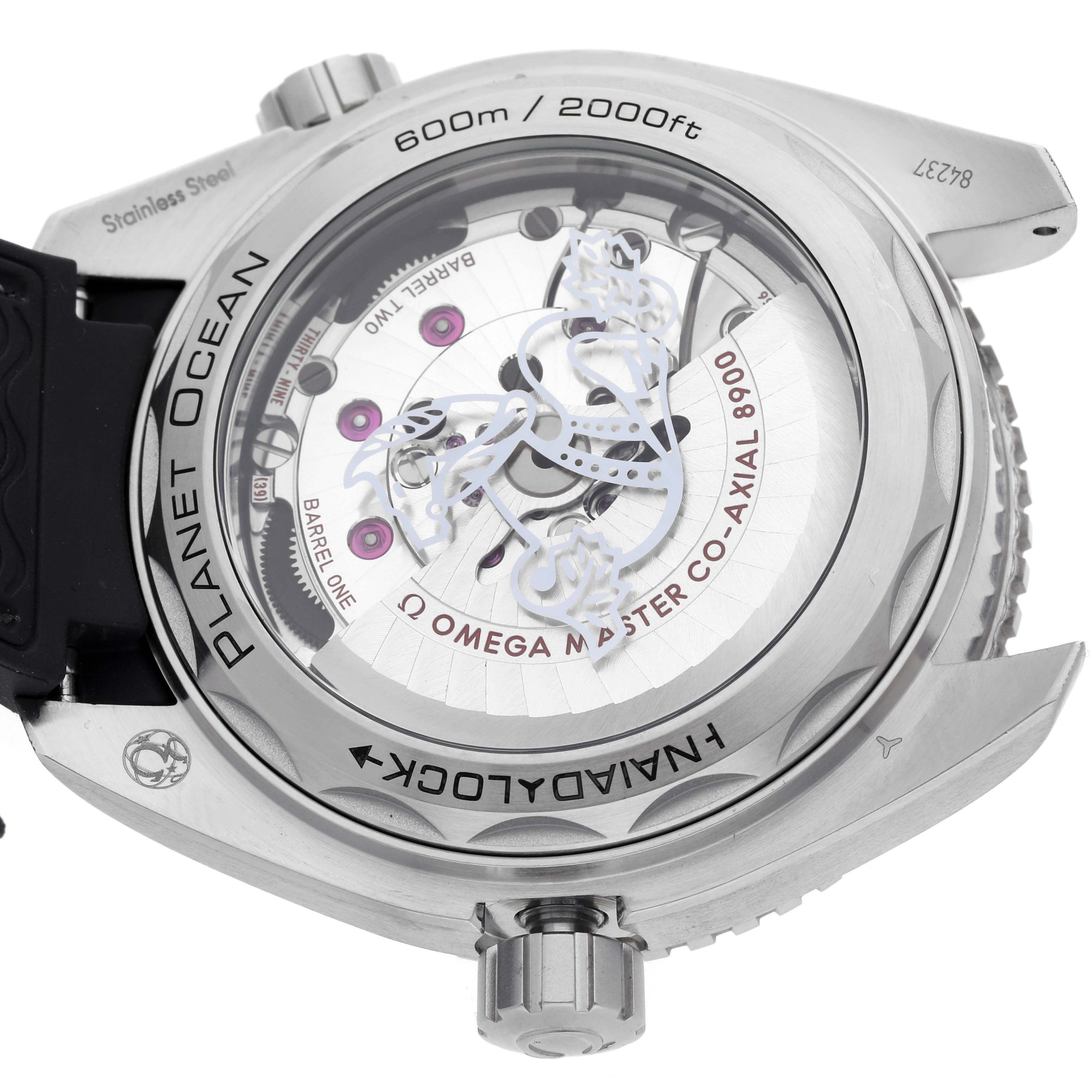 The image shows the back of an Omega Planet Ocean 215.32.44.21.06.001 Men's Stainless Steel Grey Dial 215.32.44.21.06.001 Men's Stainless Steel Grey Dial watch, highlighting the transparent case back and movement details.