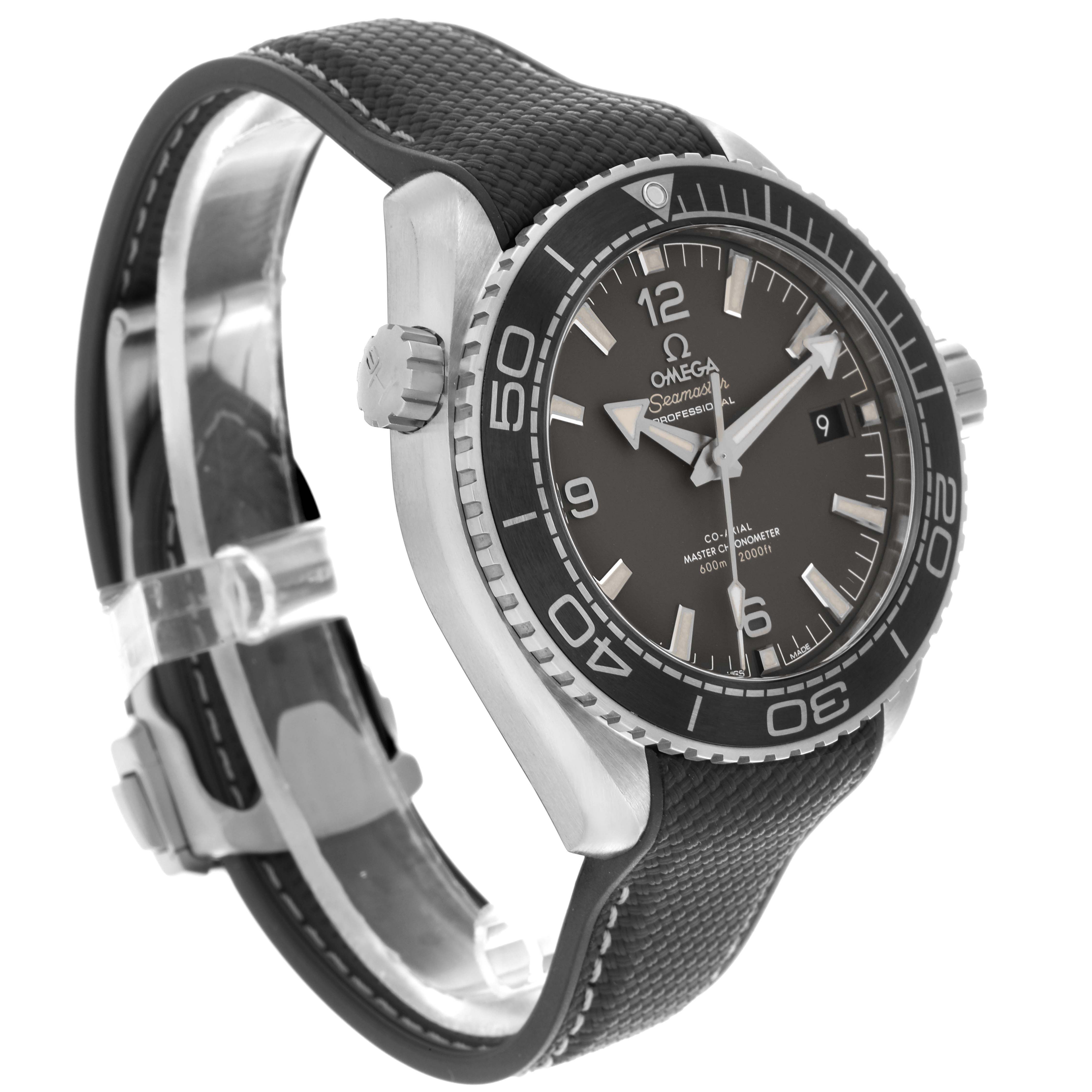 The Omega Planet Ocean 215.32.44.21.06.001 Men's Stainless Steel Grey Dial 215.32.44.21.06.001 Men's Stainless Steel Grey Dial watch is shown at an angled side view, highlighting its bezel, dial, crown, and strap.