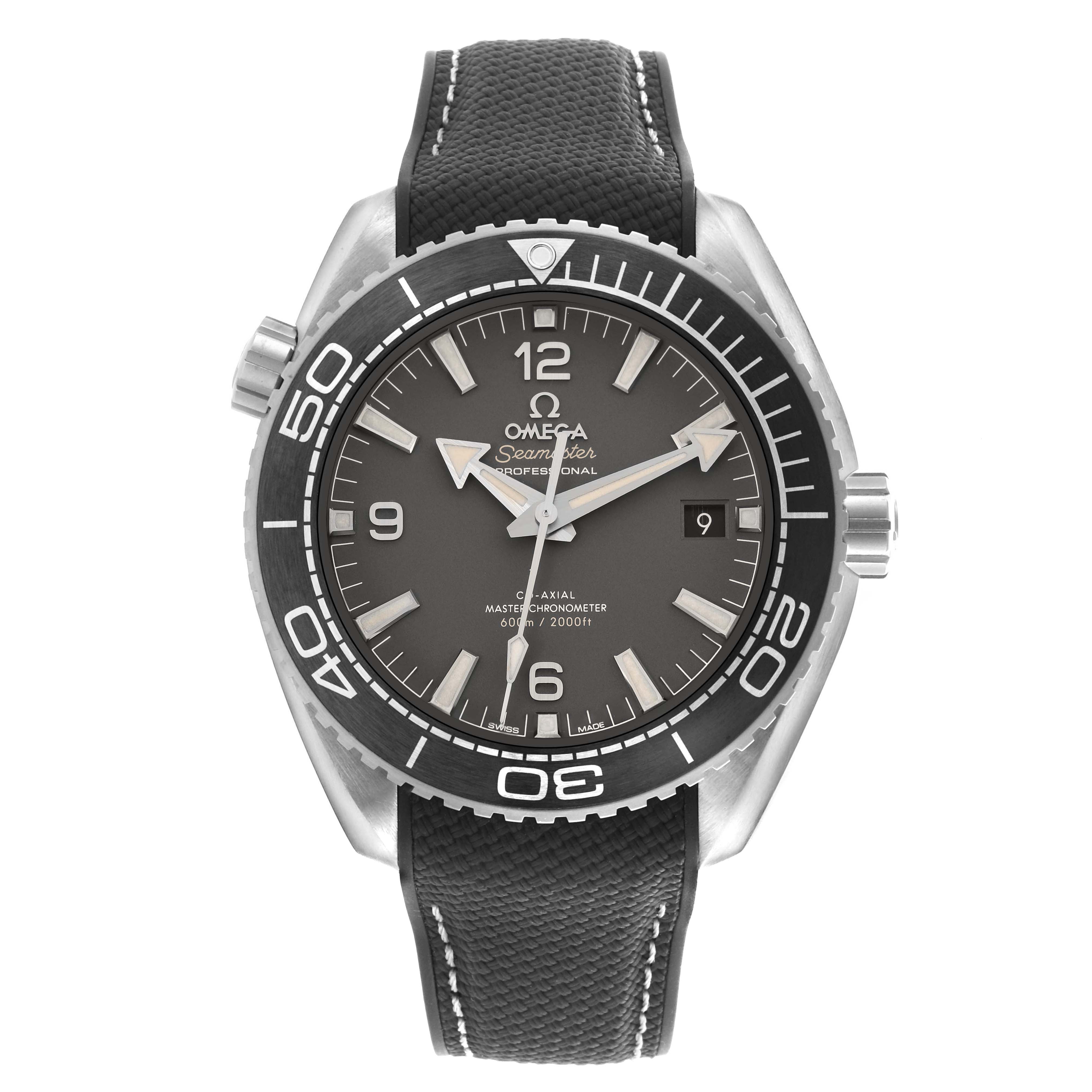 The Omega Planet Ocean 215.32.44.21.06.001 Men's Stainless Steel Grey Dial 215.32.44.21.06.001 Men's Stainless Steel Grey Dial watch is shown from the front, displaying the dial, bezel, and strap.