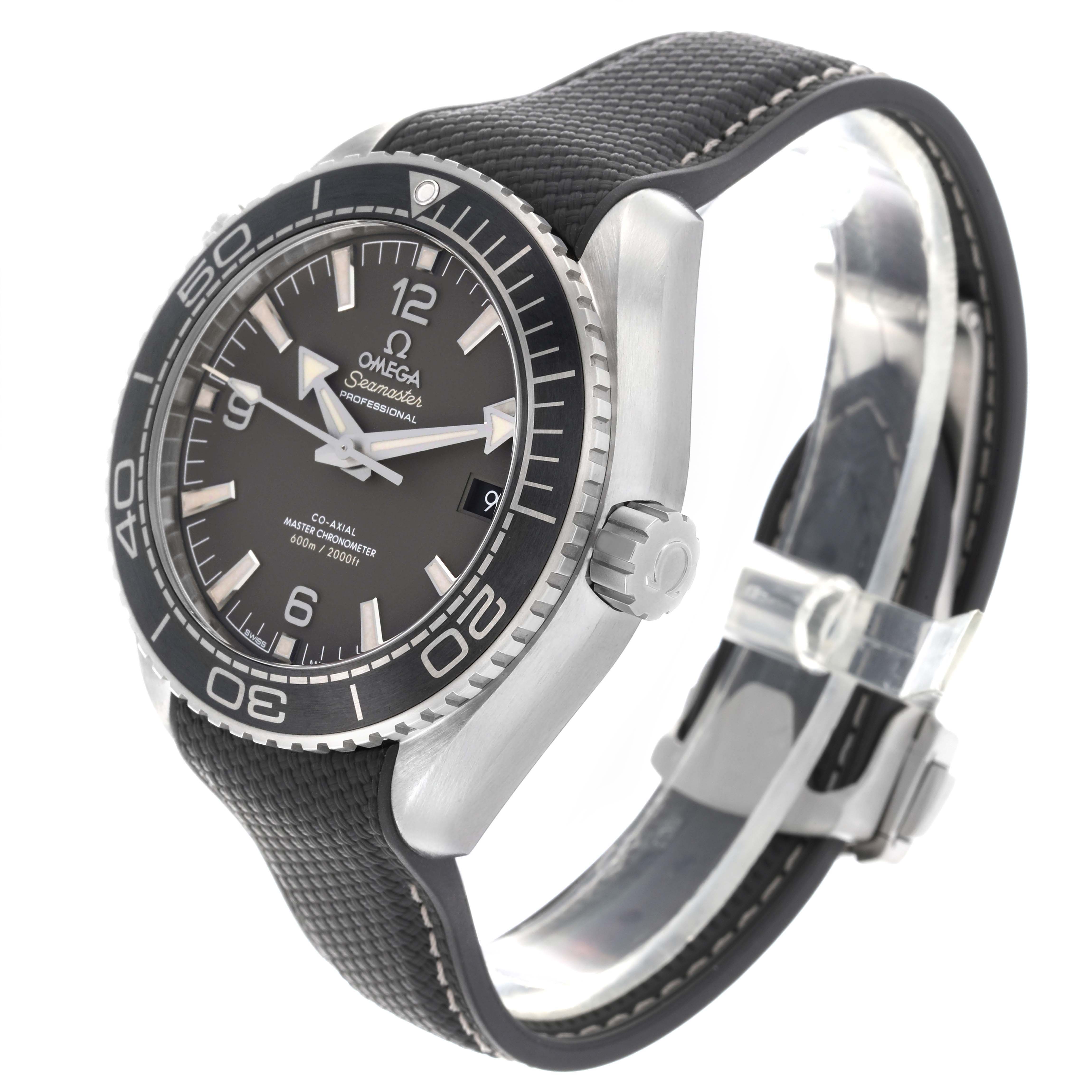 The Omega Planet Ocean 215.32.44.21.06.001 Men's Stainless Steel Grey Dial 215.32.44.21.06.001 Men's Stainless Steel Grey Dial watch is shown at an angled side view, highlighting the face, bezel, crown, and strap.