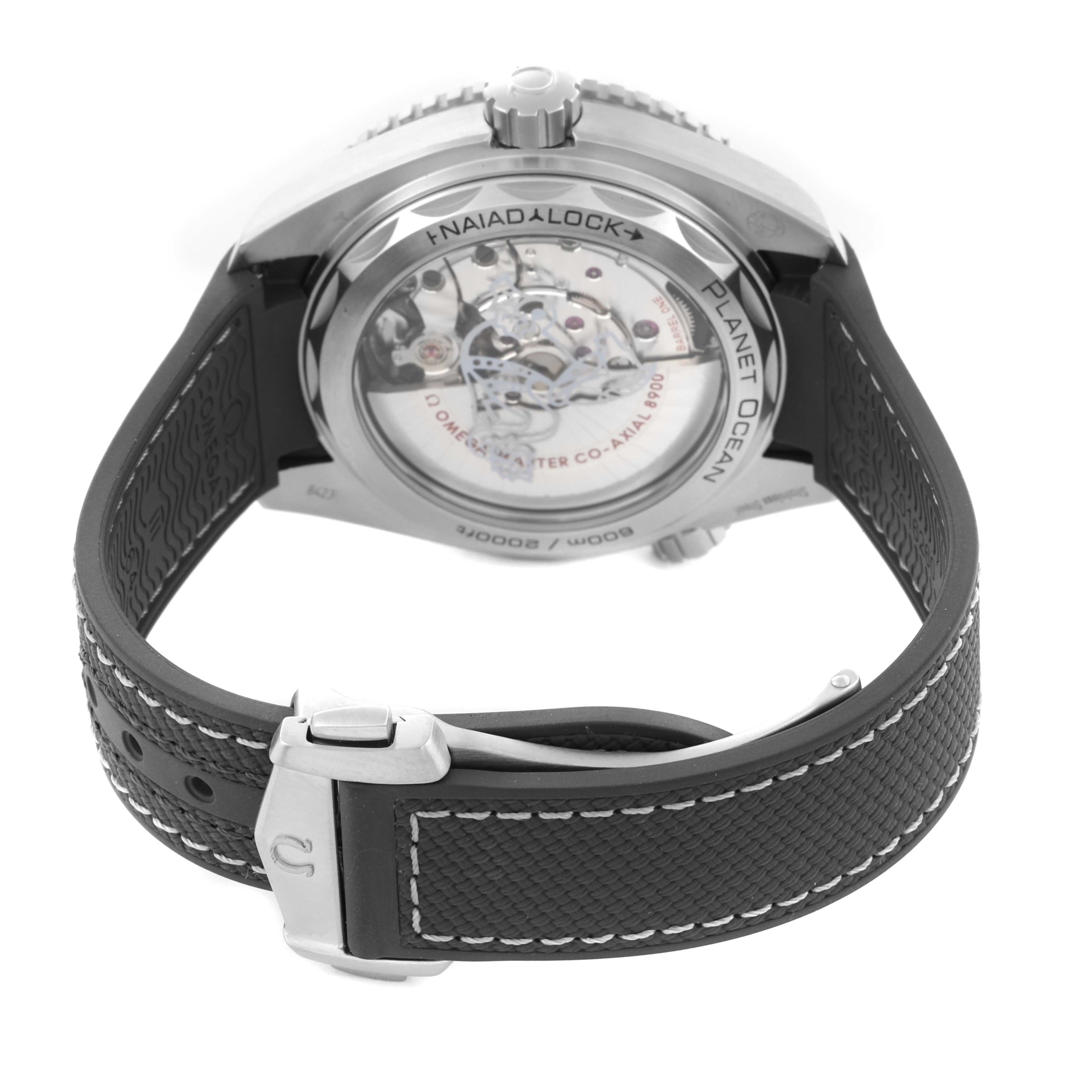 The Omega Planet Ocean 215.32.44.21.06.001 Men's Stainless Steel Grey Dial 215.32.44.21.06.001 Men's Stainless Steel Grey Dial watch is shown from the back, featuring the case back and the strap clasp.