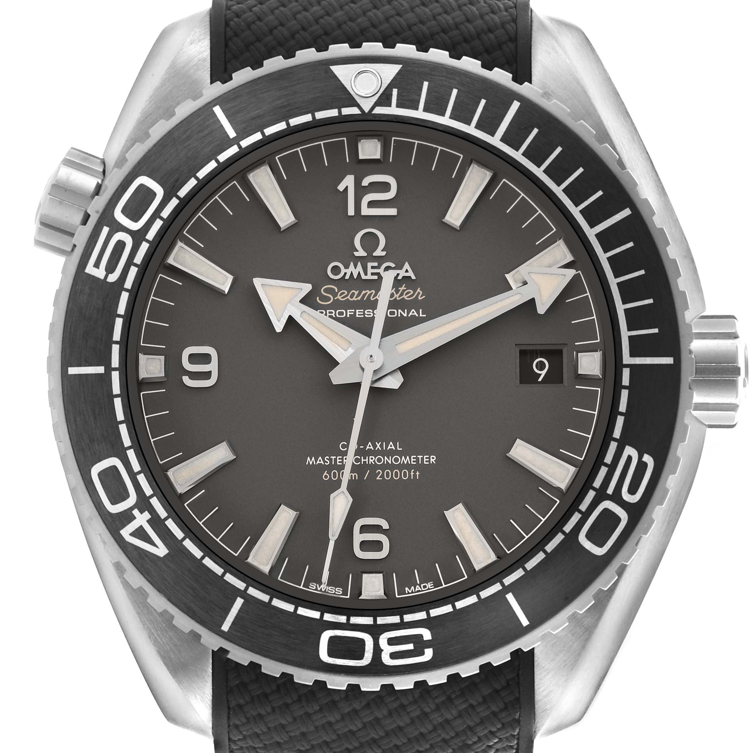 The Omega Planet Ocean 215.32.44.21.06.001 Men's Stainless Steel Grey Dial 215.32.44.21.06.001 Men's Stainless Steel Grey Dial watch is shown from a front angle, highlighting the dial, bezel, and date window.
