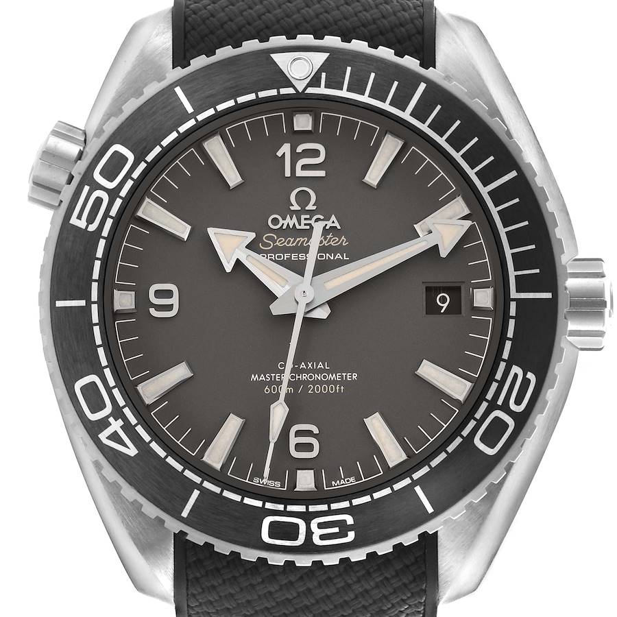 The Omega Planet Ocean watch is shown from a front angle, highlighting the dial, bezel, and date window.