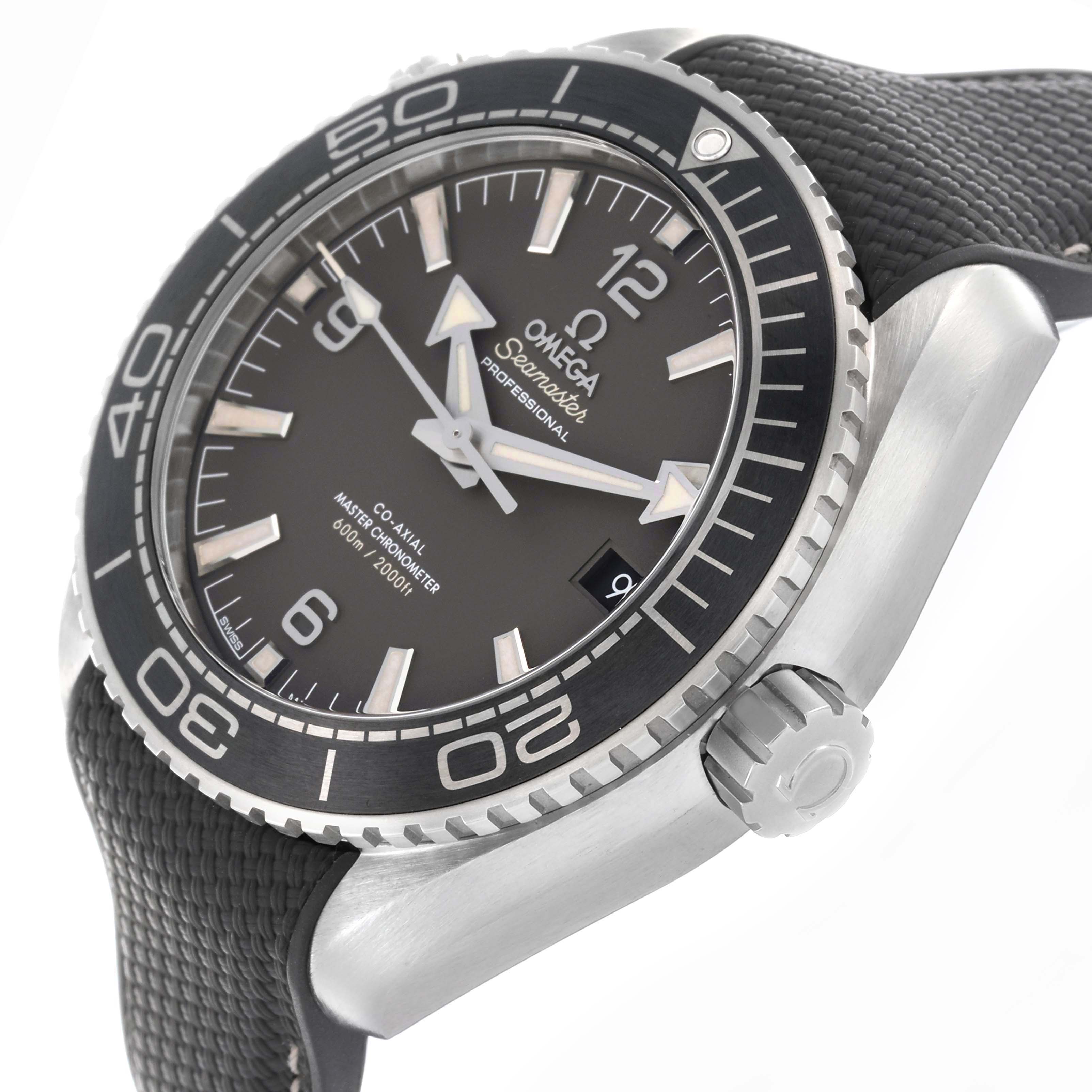 The Omega Planet Ocean 215.32.44.21.06.001 Men's Stainless Steel Grey Dial 215.32.44.21.06.001 Men's Stainless Steel Grey Dial watch is shown at a slight angle, highlighting the dial, bezel, crown, and textured strap.