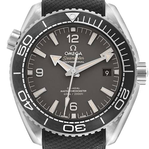 The Omega Planet Ocean watch is shown in a front view, displaying the face, bezel, date window, and strap.