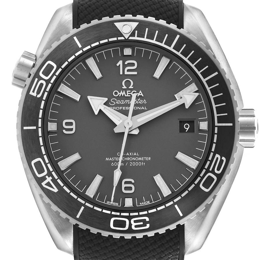 The Omega Planet Ocean watch is shown from the front, displaying the bezel, dial, hands, and date window.