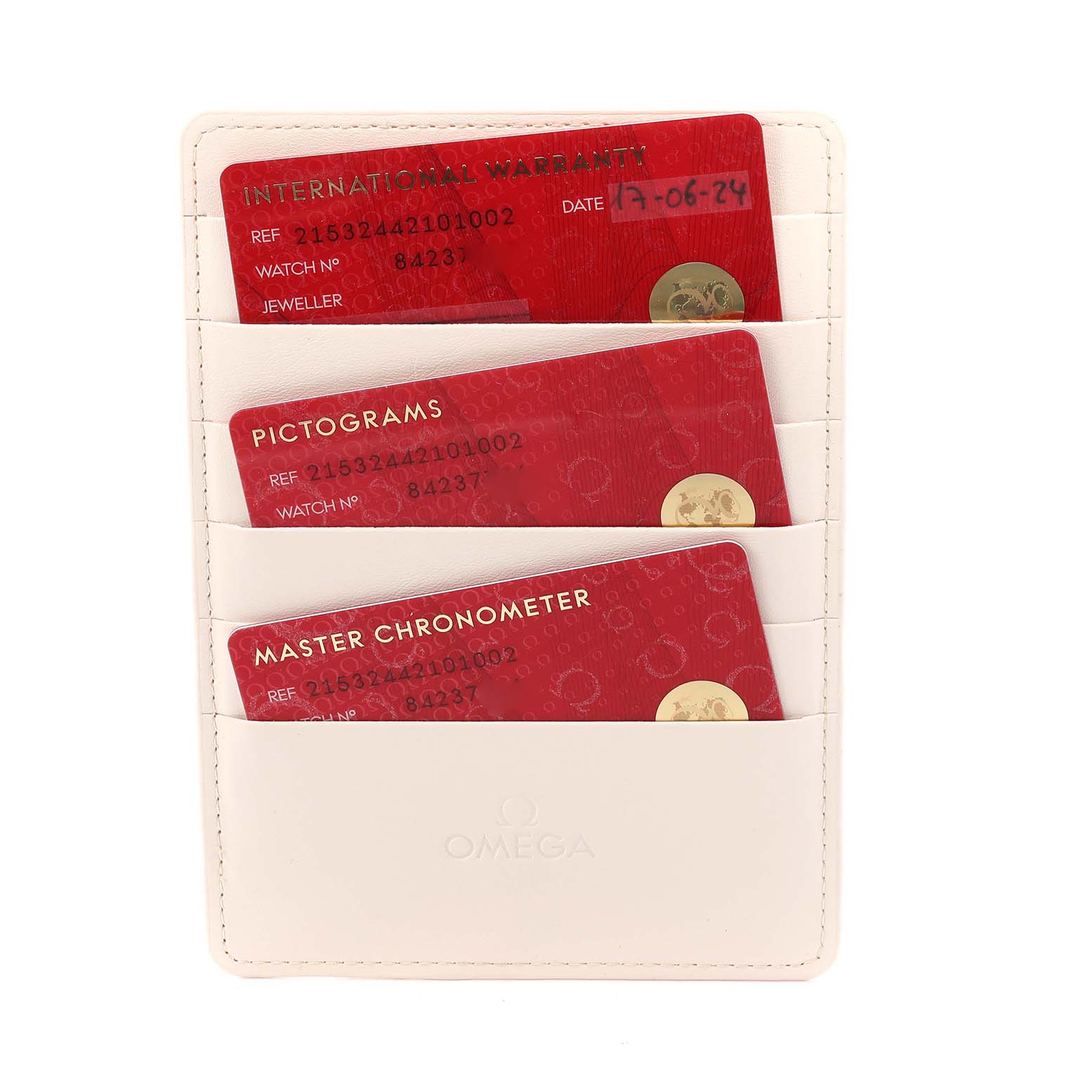 The image shows warranty and certification cards for the Omega Planet Ocean 215.32.44.21.06.001 Men's Stainless Steel Grey Dial 215.32.44.21.06.001 Men's Stainless Steel Grey Dial watch in a white cardholder.