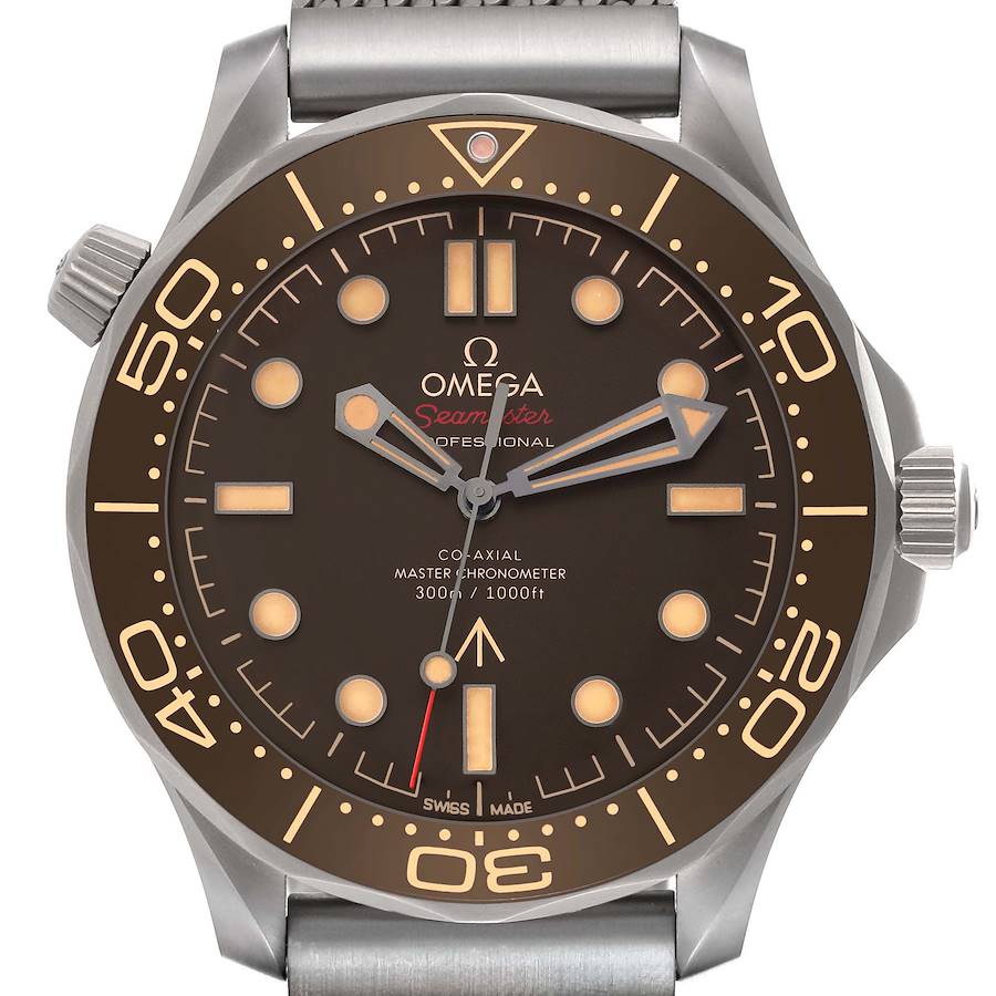 The Omega Seamaster watch is shown from a front angle, highlighting the dial, bezel, and crown.