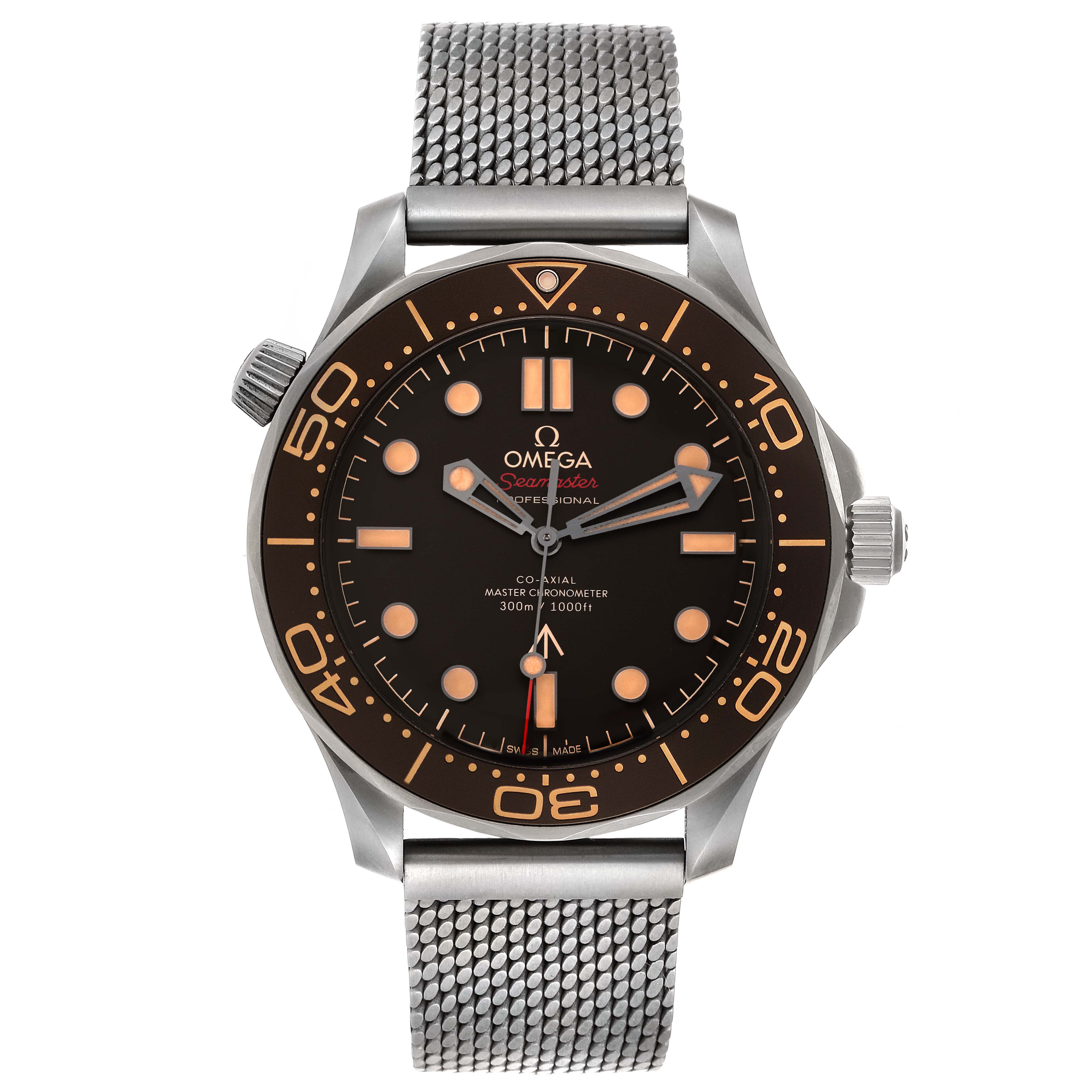 The image shows a front view of an Omega Seamaster 210.90.42.20.01.001 Men's Titanium Brown Dial 210.90.42.20.01.001 Men's Titanium Brown Dial watch with a metal mesh strap, displaying the face and bezel.